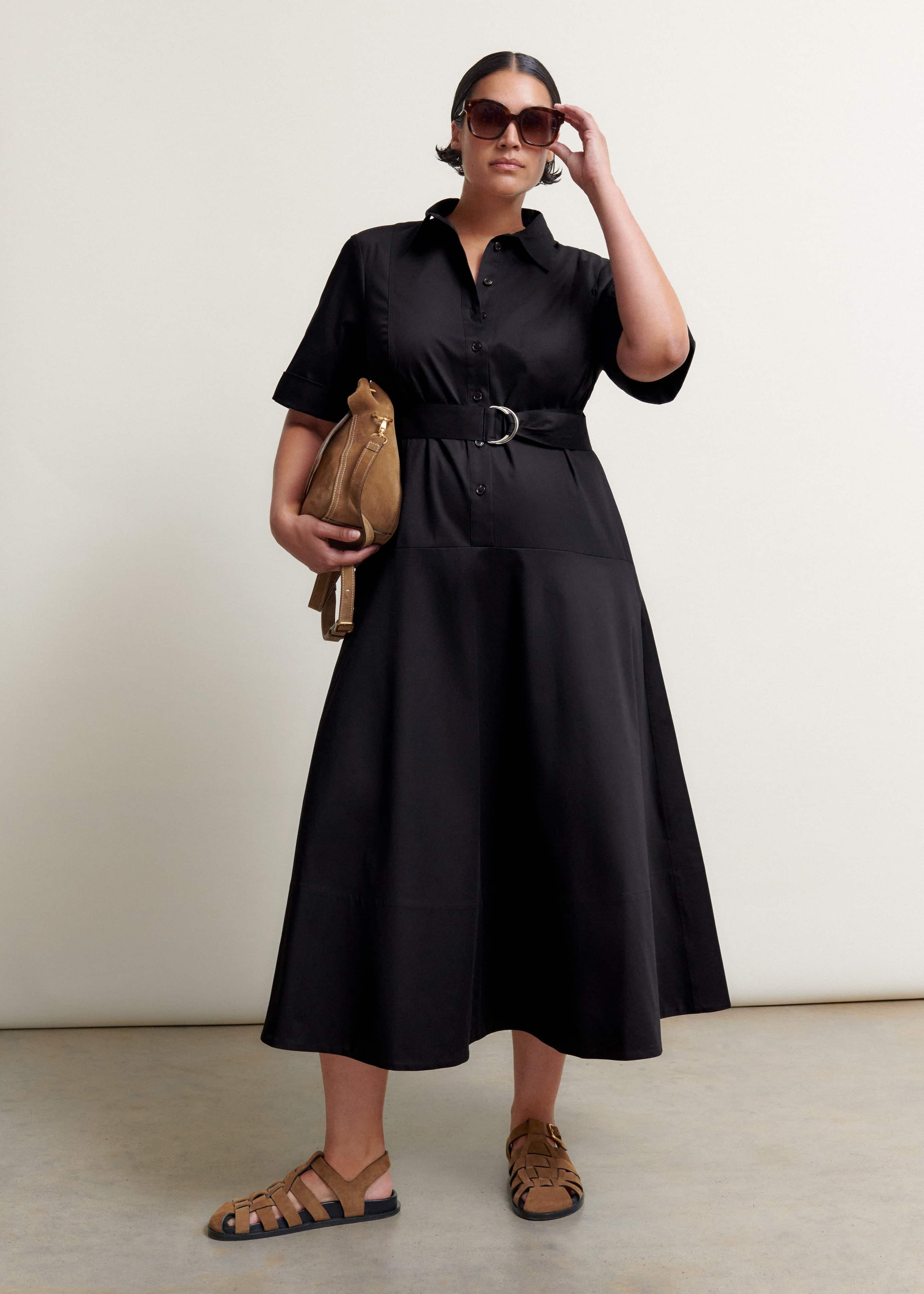Cotton Sateen Midi Shirt Dress Belt - Main Image