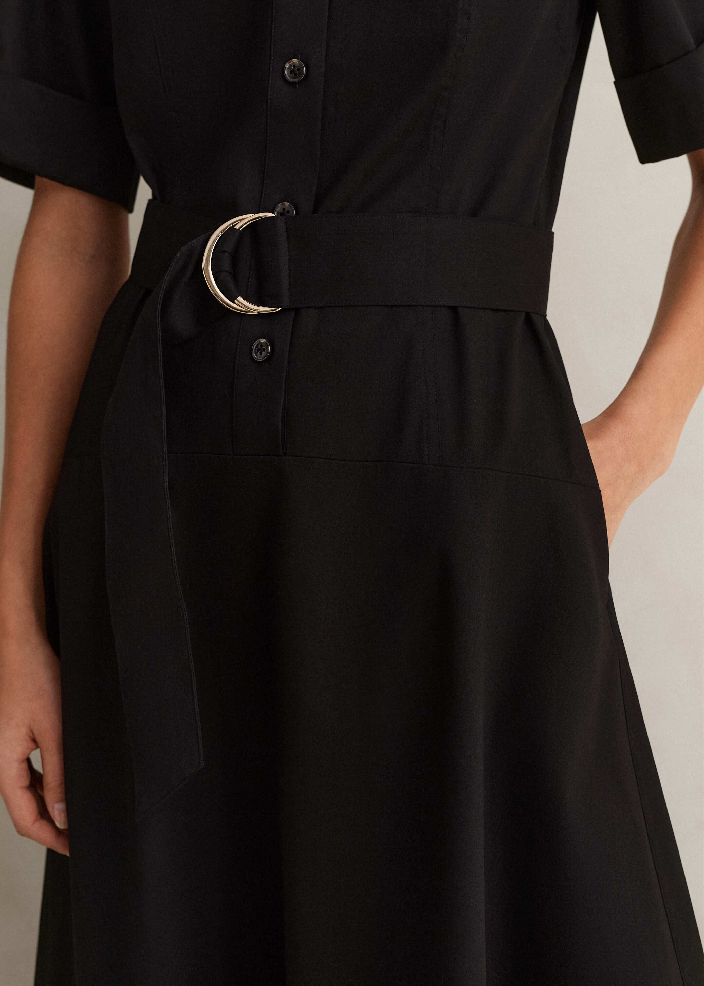 Women's Black Cotton Sateen Midi Shirt Dress + Belt | ME+EM