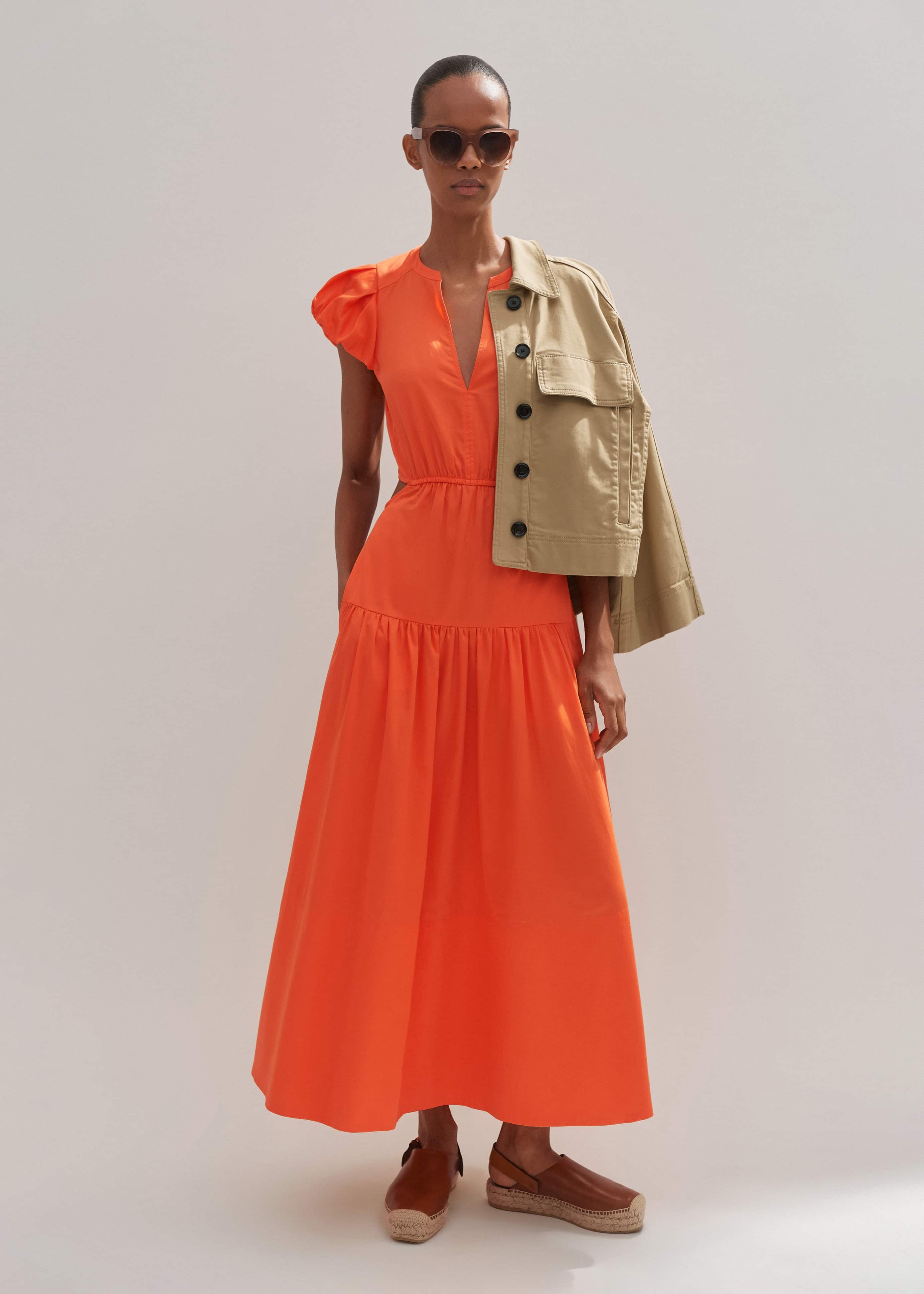 Women's Orange Cotton Poplin Cut-Out Maxi Dress | ME+EM