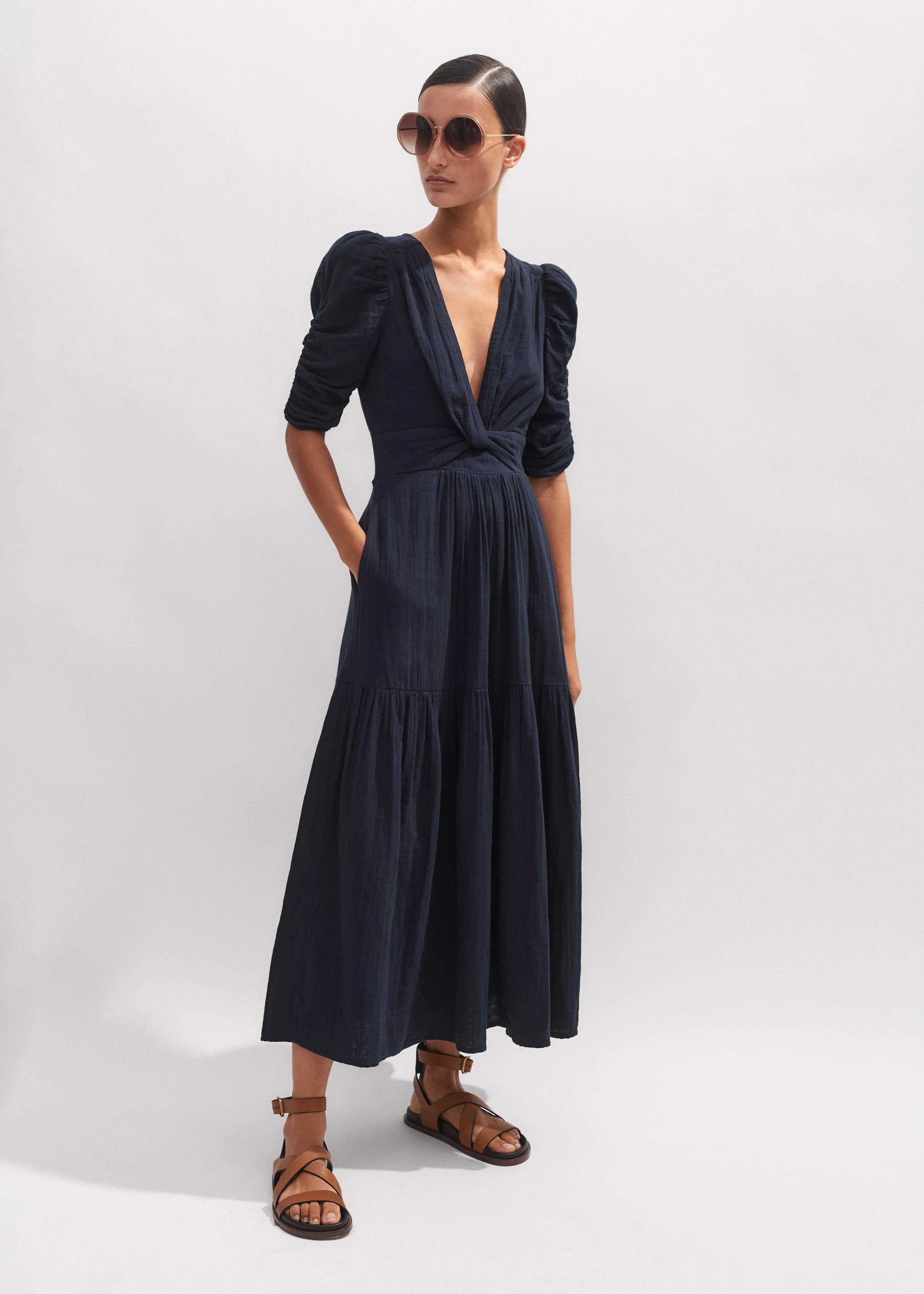Cheesecloth Gathered Sleeve Maxi Dress