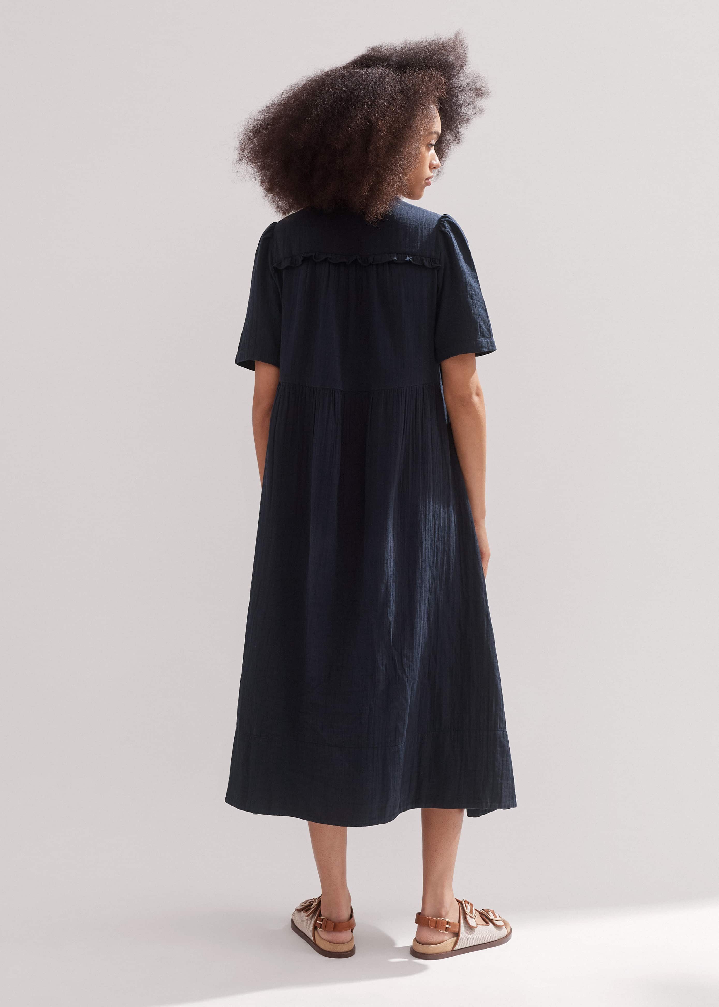 relaxed ruffle midi dress reviews Me+Em Cheesecloth Relaxed Ruffle Midi Dress In Navy - 70% Off