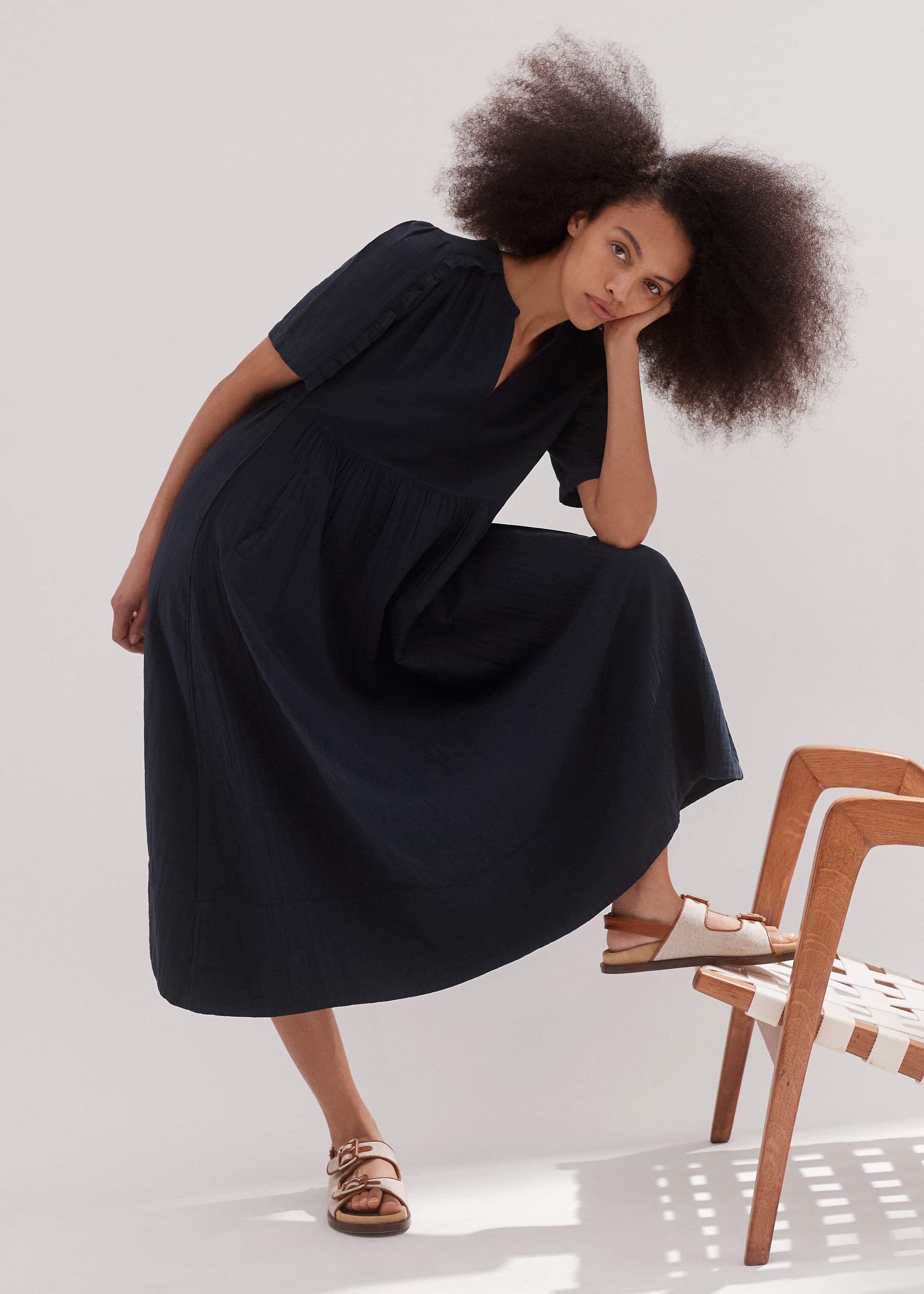 Women's Navy Cheesecloth Relaxed Ruffle Midi Dress | ME+EM Women's Navy Cheesecloth Relaxed Ruffle Midi Dress | ME+EM