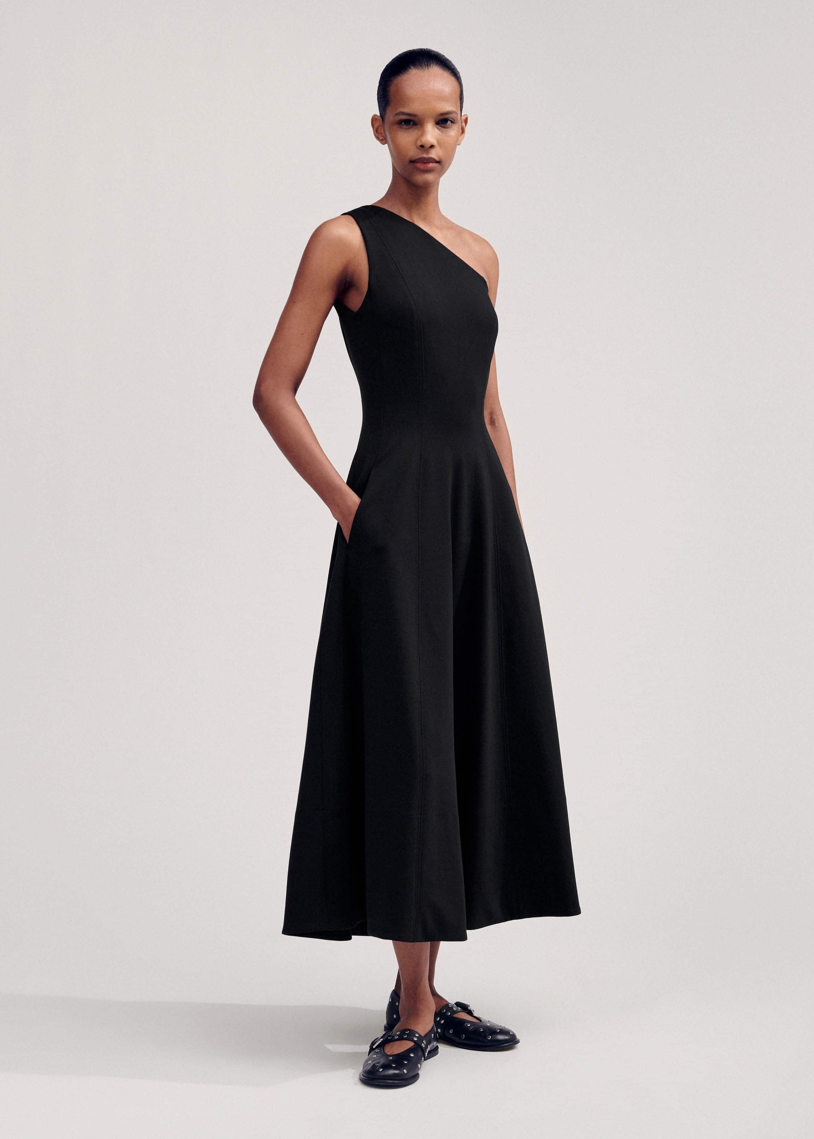 Women's Black One Shoulder Midi Dress + Corsage | ME+EM