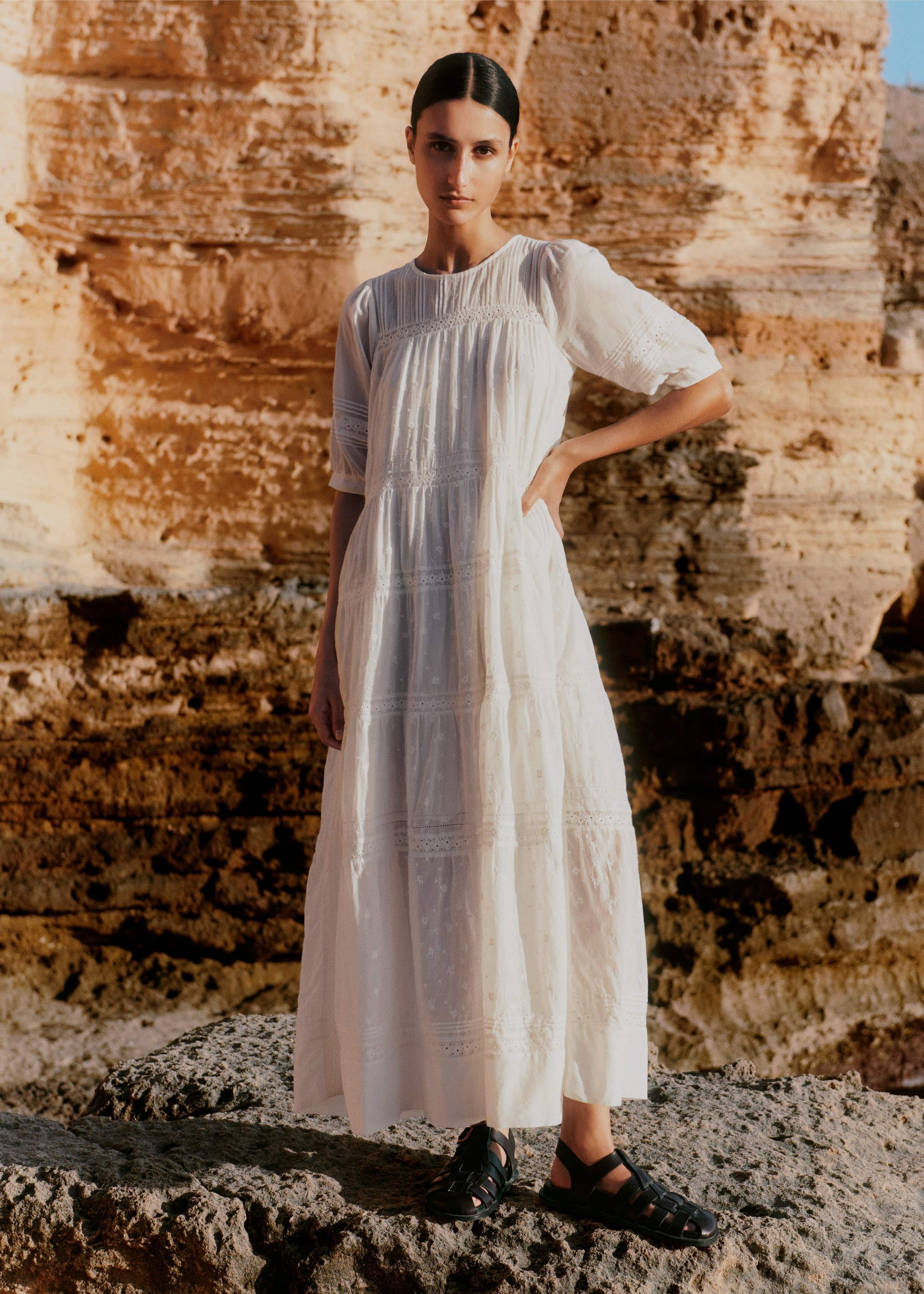 Women's White Cotton Delicate Embroidery Maxi Dress | ME+EM