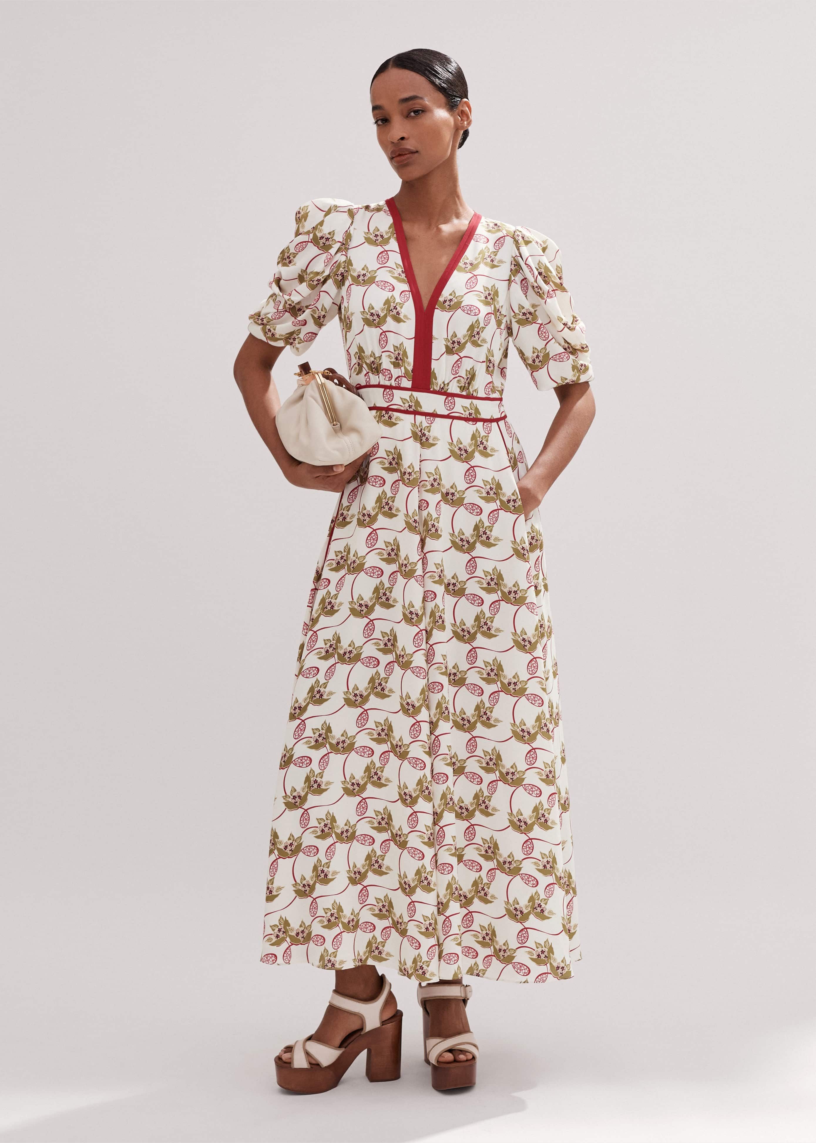Women s cream silk summer waterlily print maxi dress me em