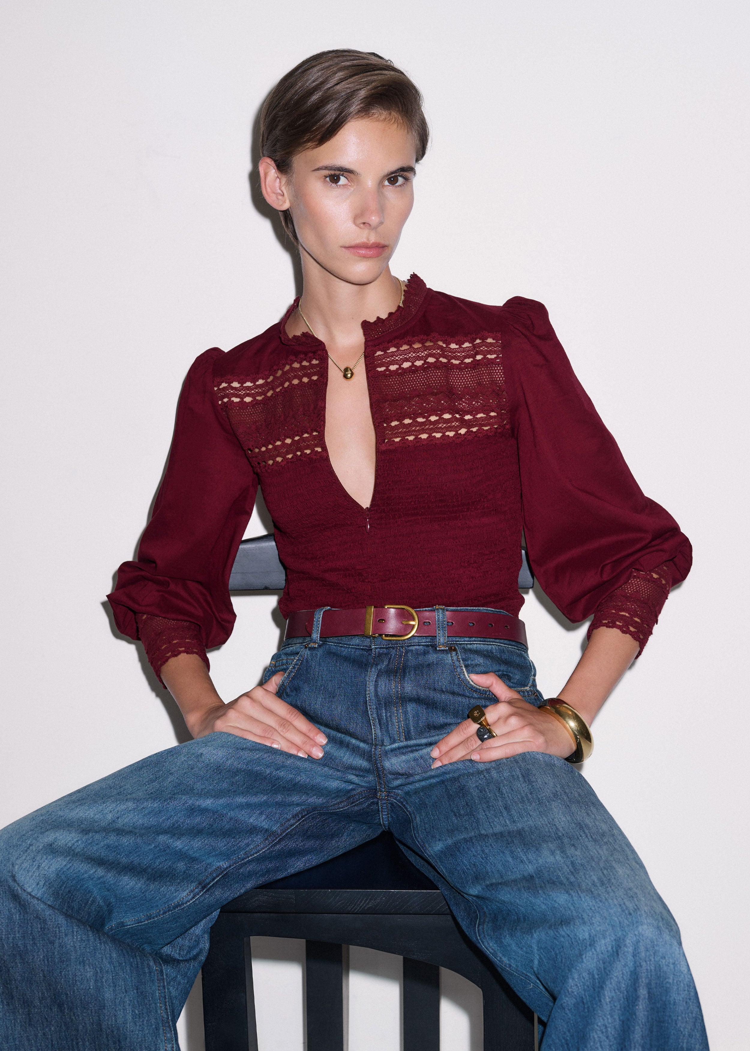 Lace Trim Shirred Top