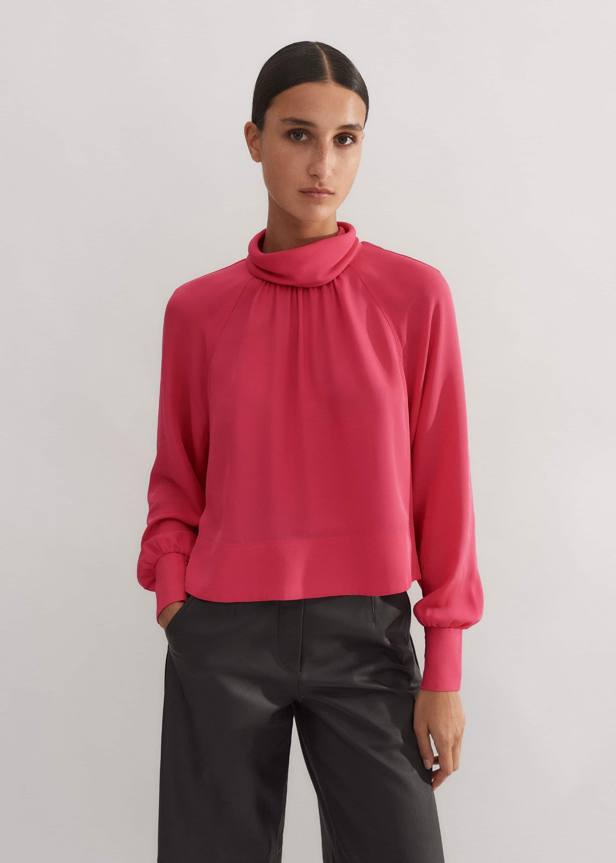 Women's Pink Silk High Neck Raglan Sleeve Top | ME+EM