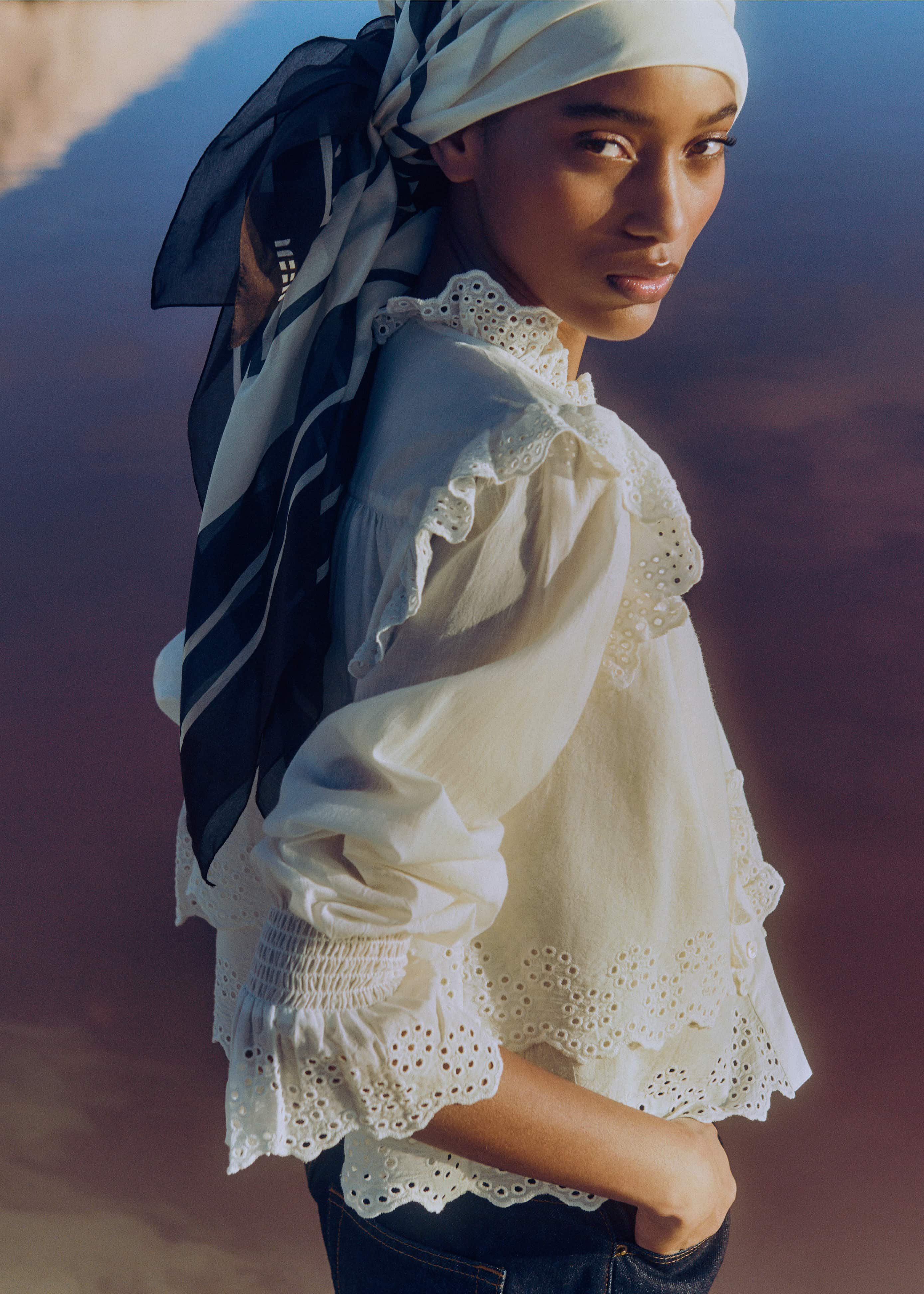 Women's White Cotton Broderie Ruffle Cropped Top | ME+EM