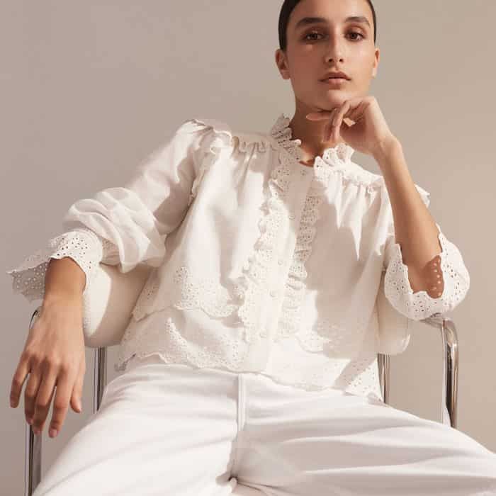 Women's White Cotton Broderie Ruffle Cropped Top | ME+EM