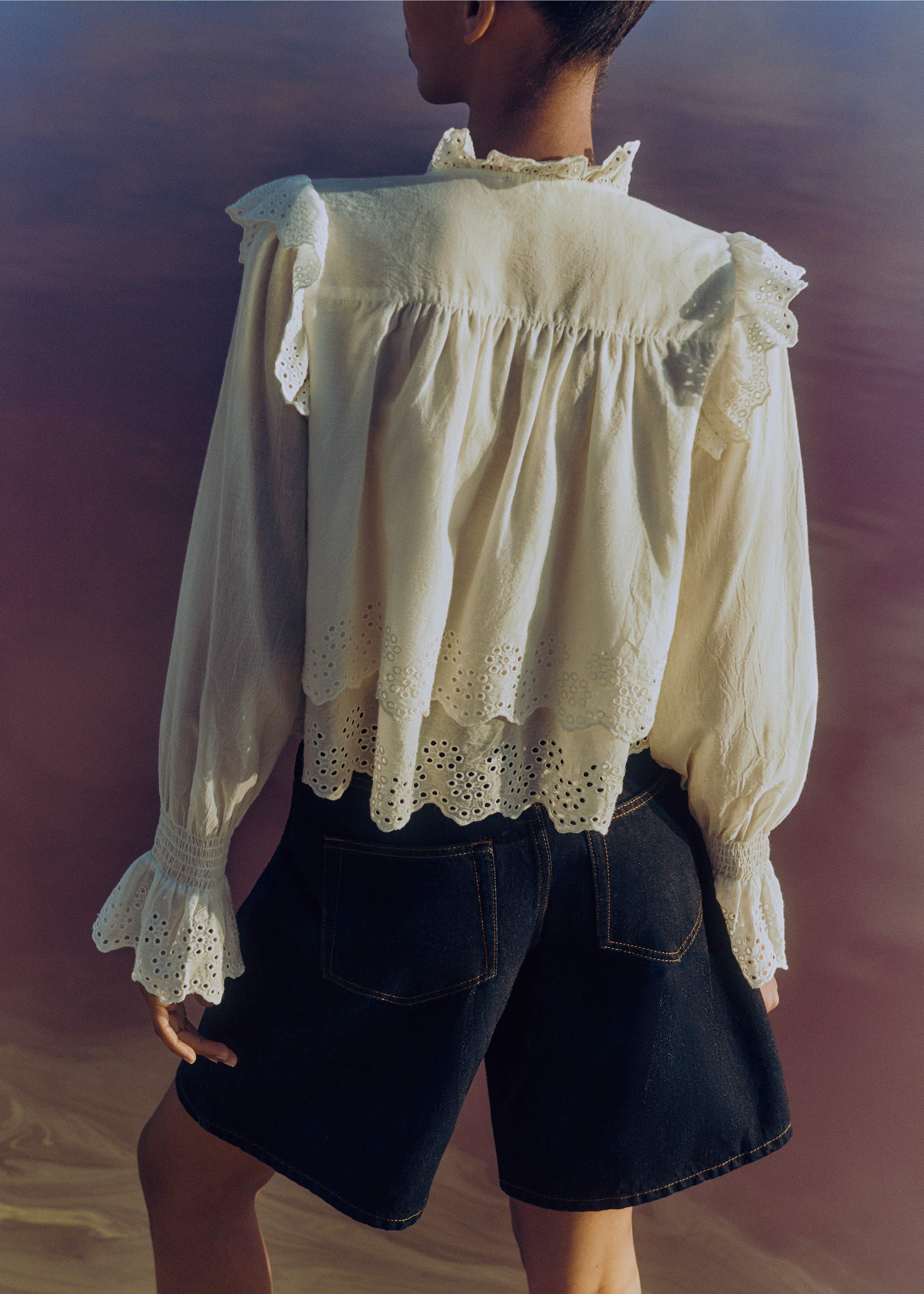 Women's White Cotton Broderie Ruffle Cropped Top | ME+EM