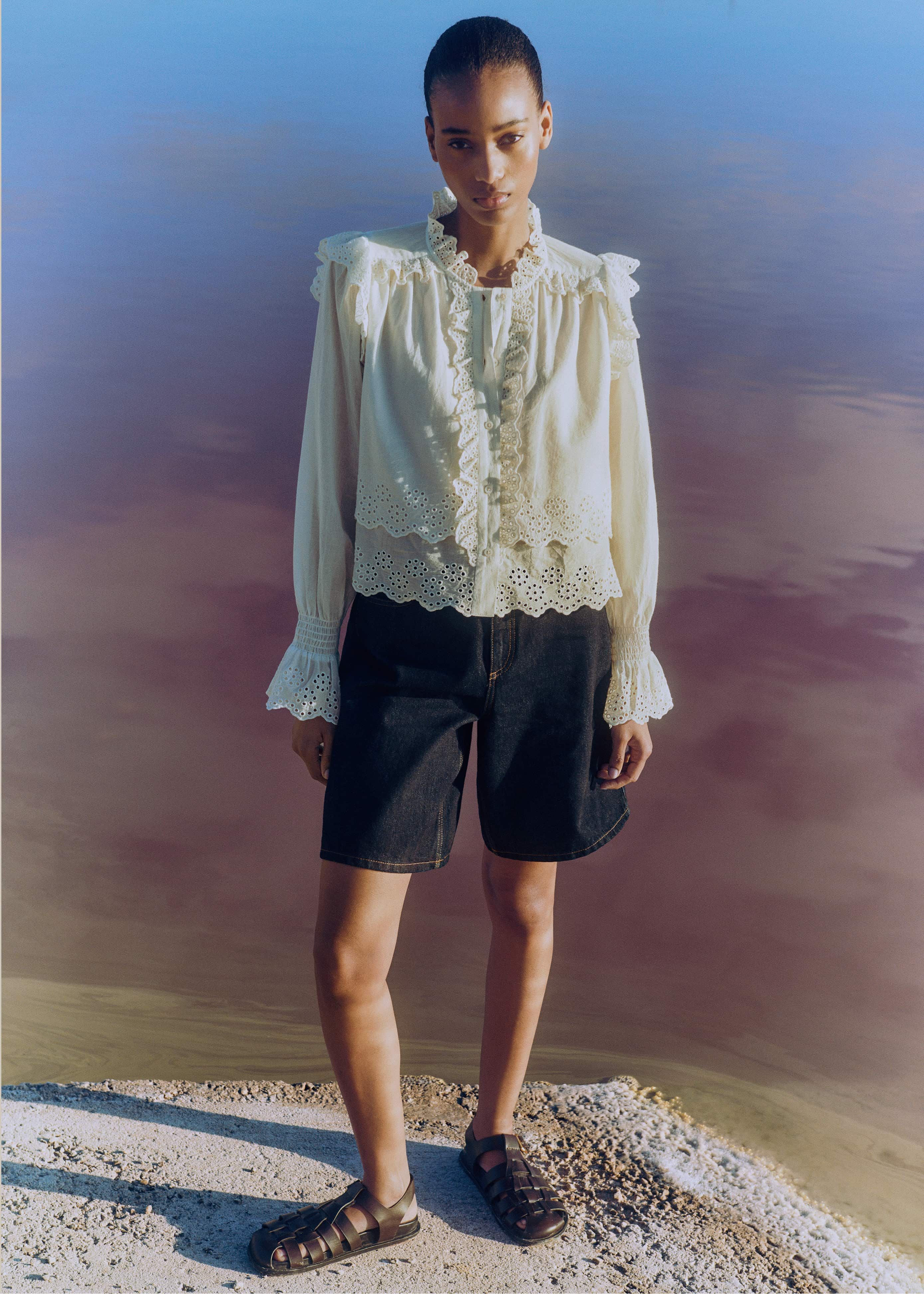 Women's White Cotton Broderie Ruffle Cropped Top | ME+EM