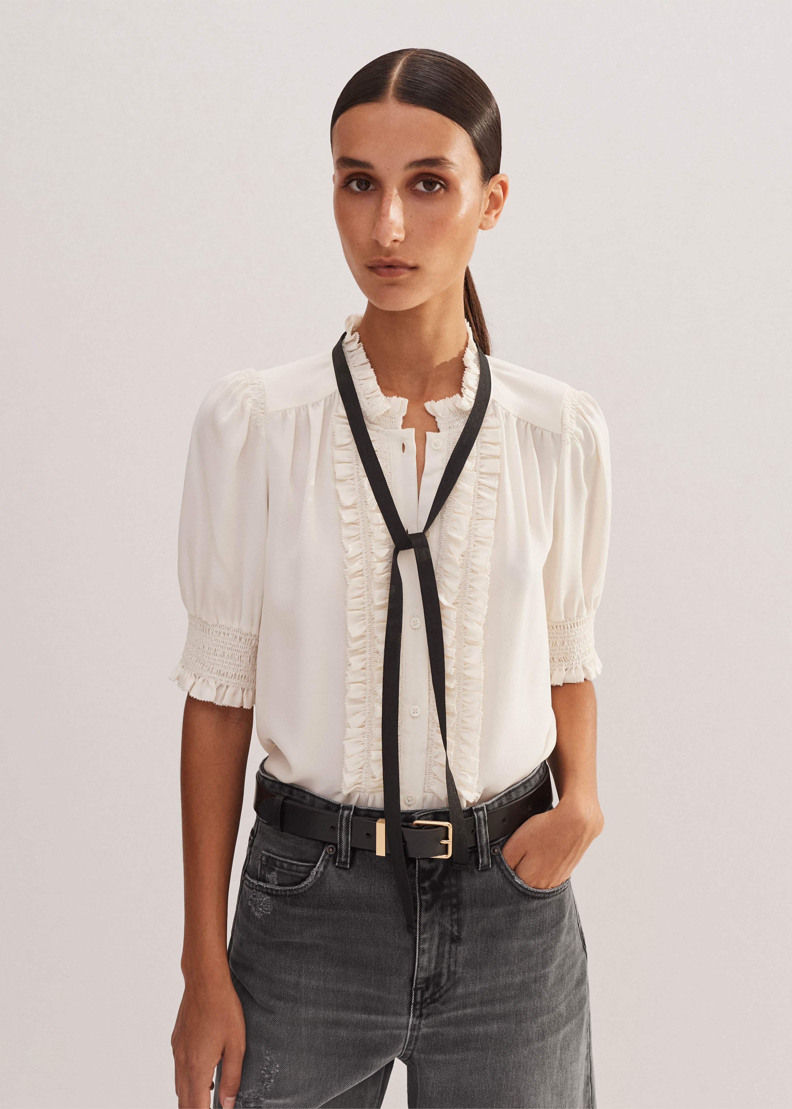 SO ME Floral Cotton Smocked Short Sleeves Blouse