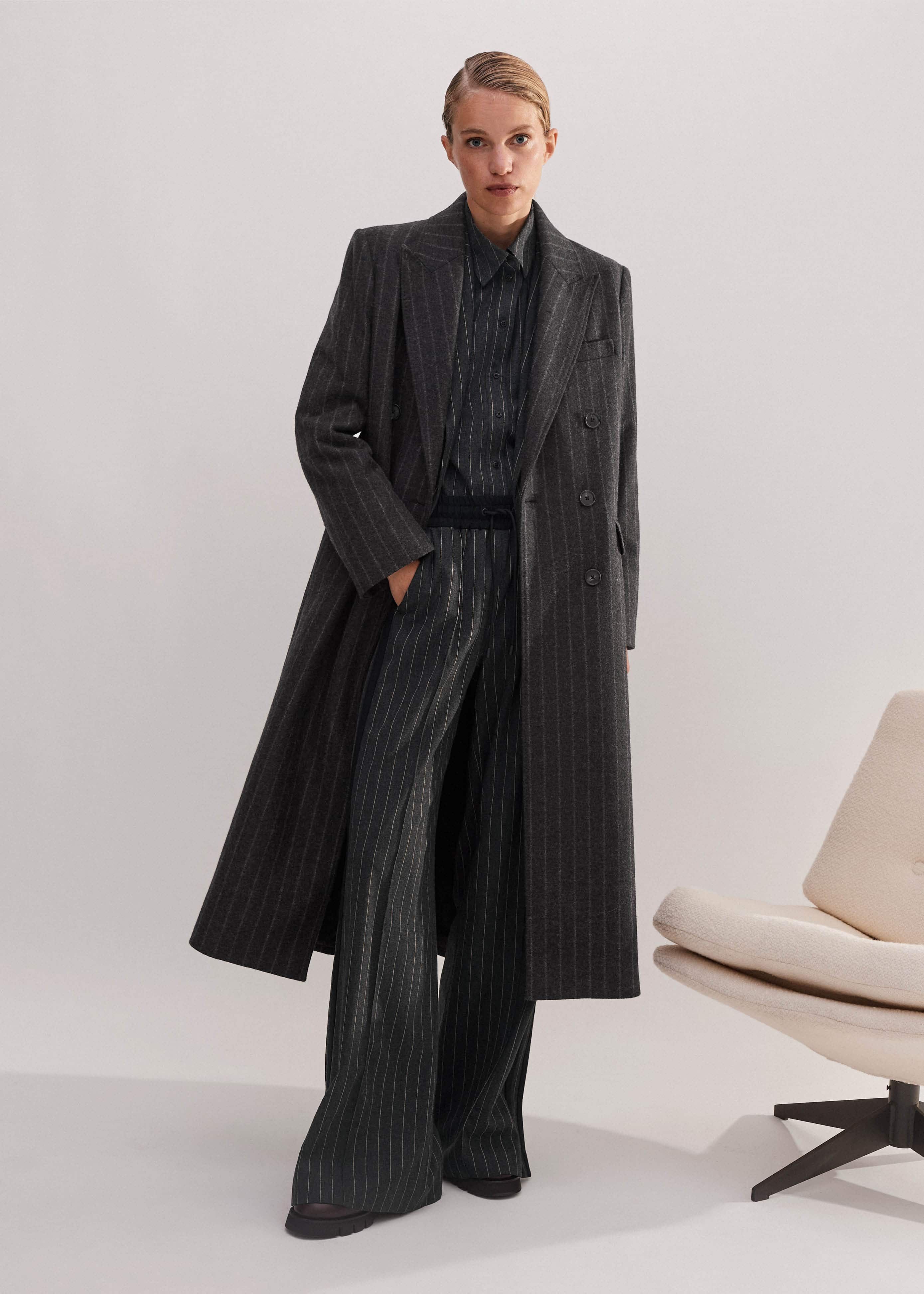 Women's Gray Wool-Blend Tomboy Pinstripe Coat | ME+EM