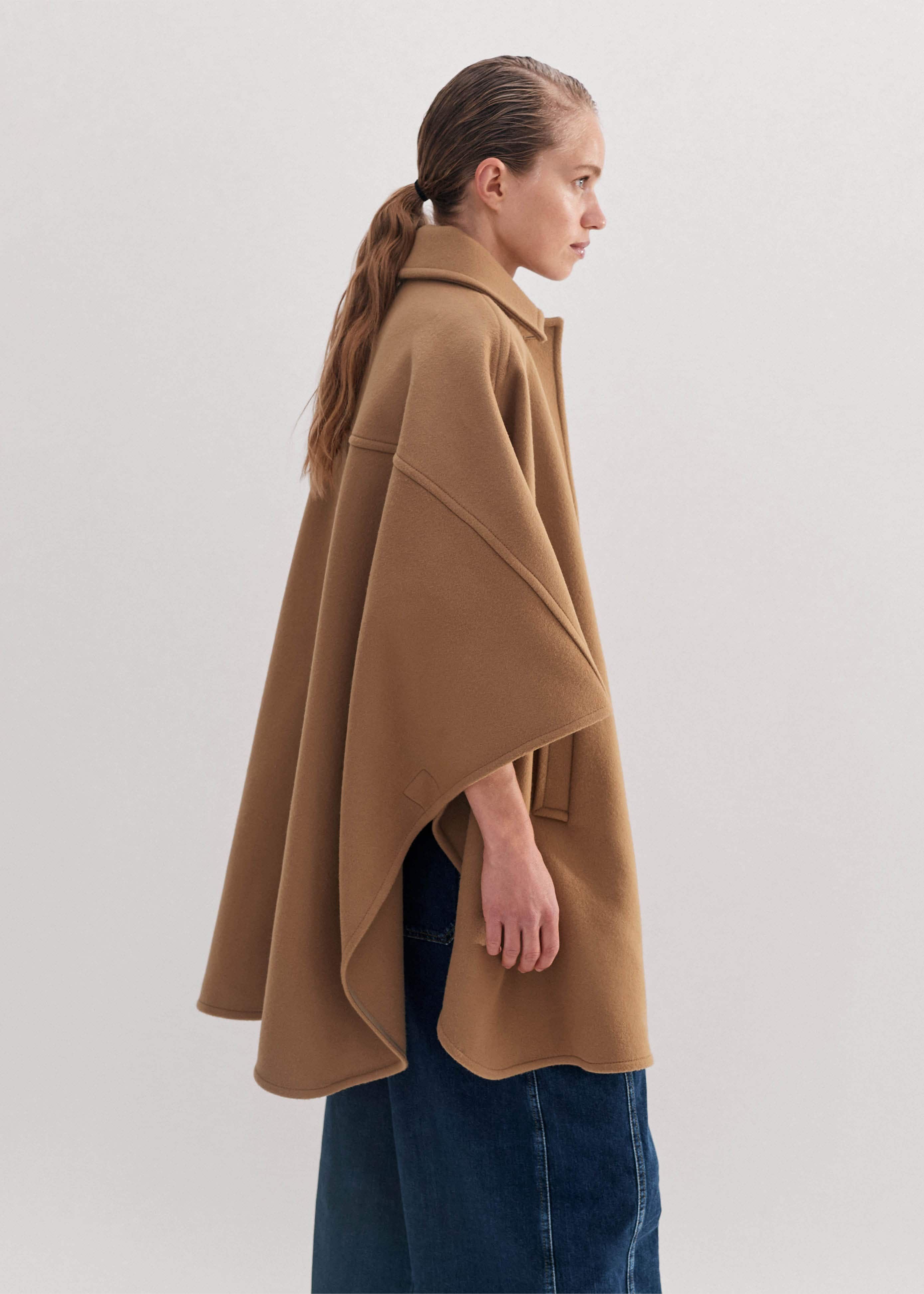 Women's Brown Wool-Blend Engineered Seam Cape Coat | ME+EM