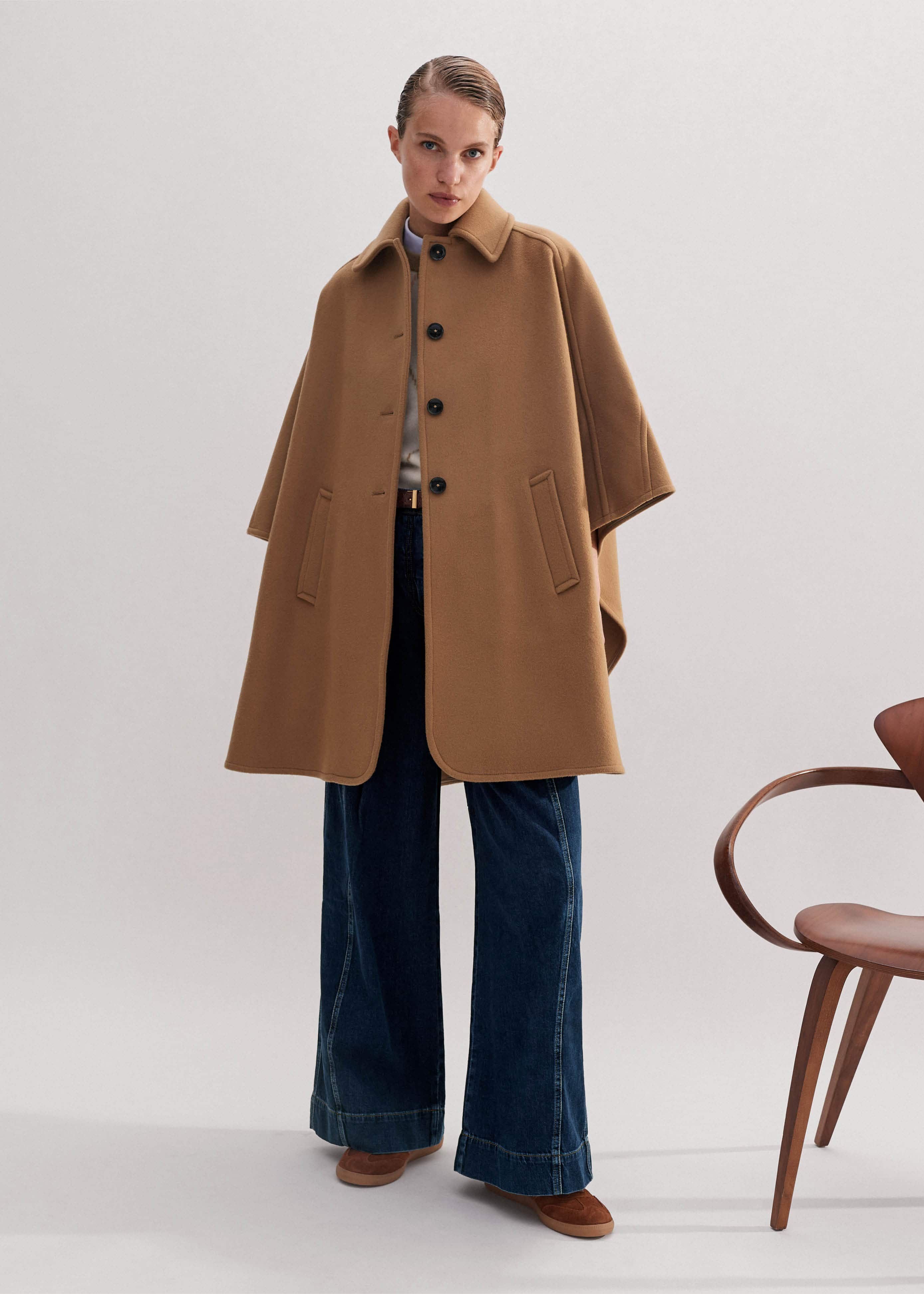 Women's Brown Wool-Blend Engineered Seam Cape Coat | ME+EM