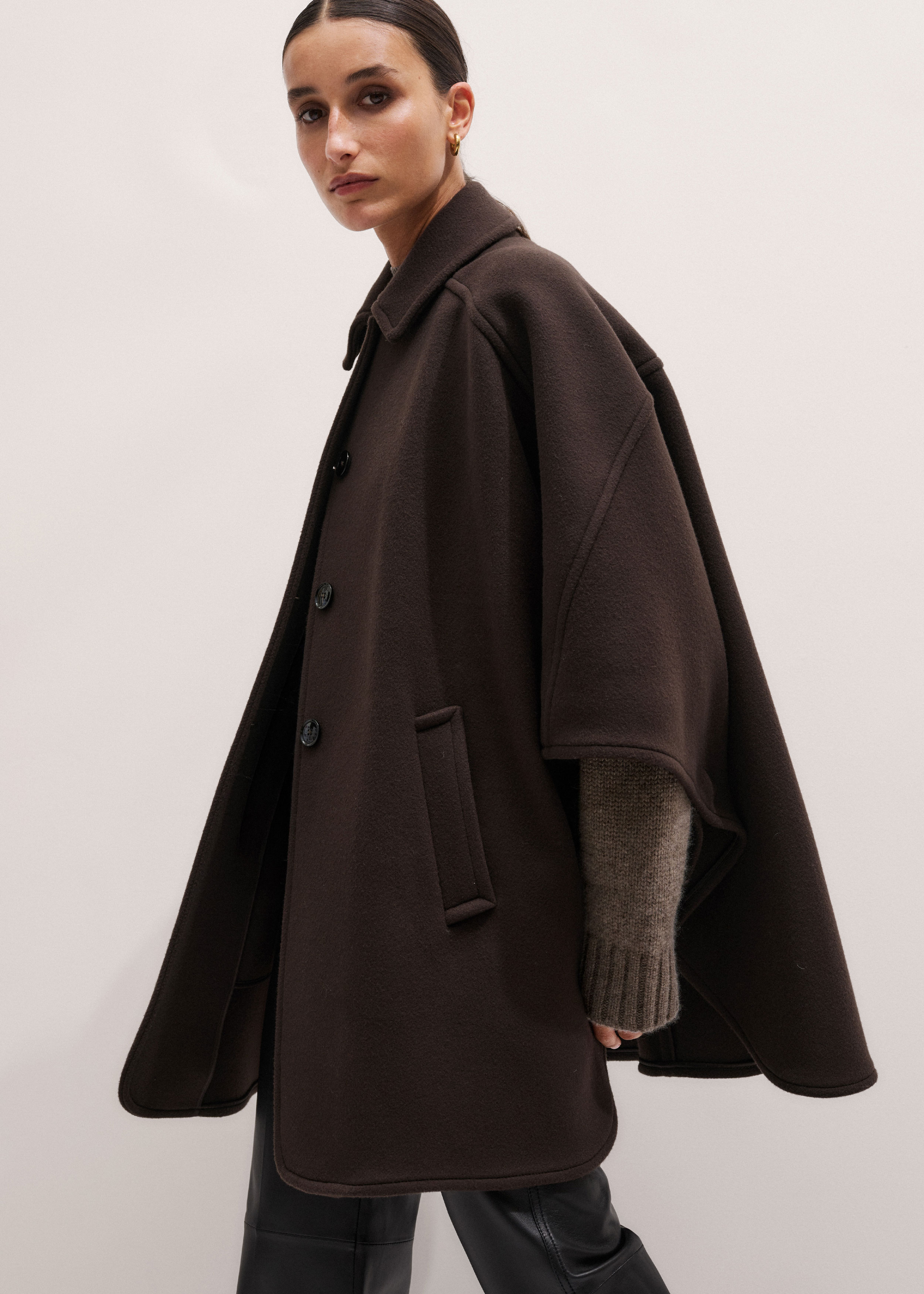 Women's Brown Curved Seam Cape Coat | ME+EM