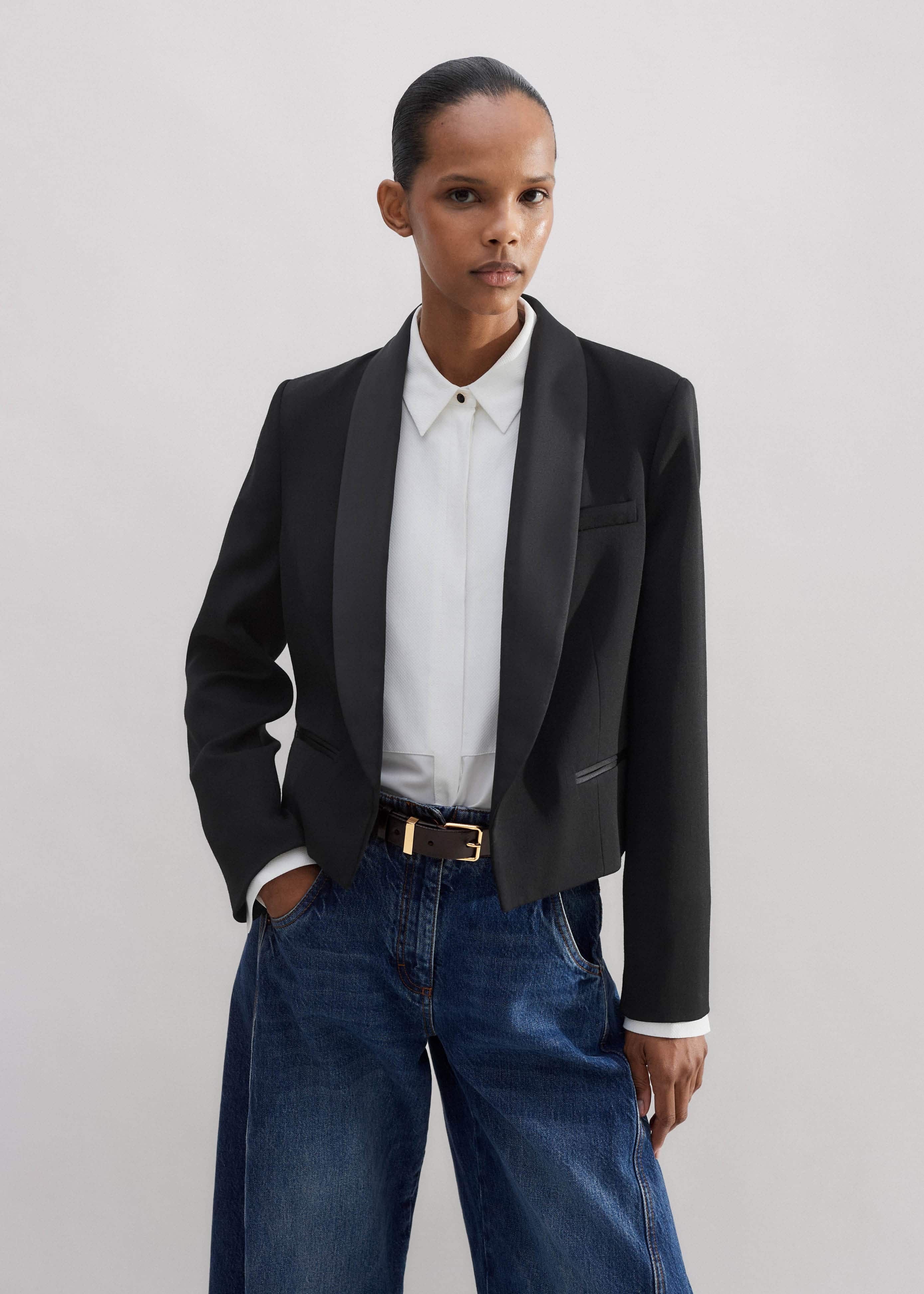 Women's Black Tapered Fluid-Leg Tux Trouser | ME+EM