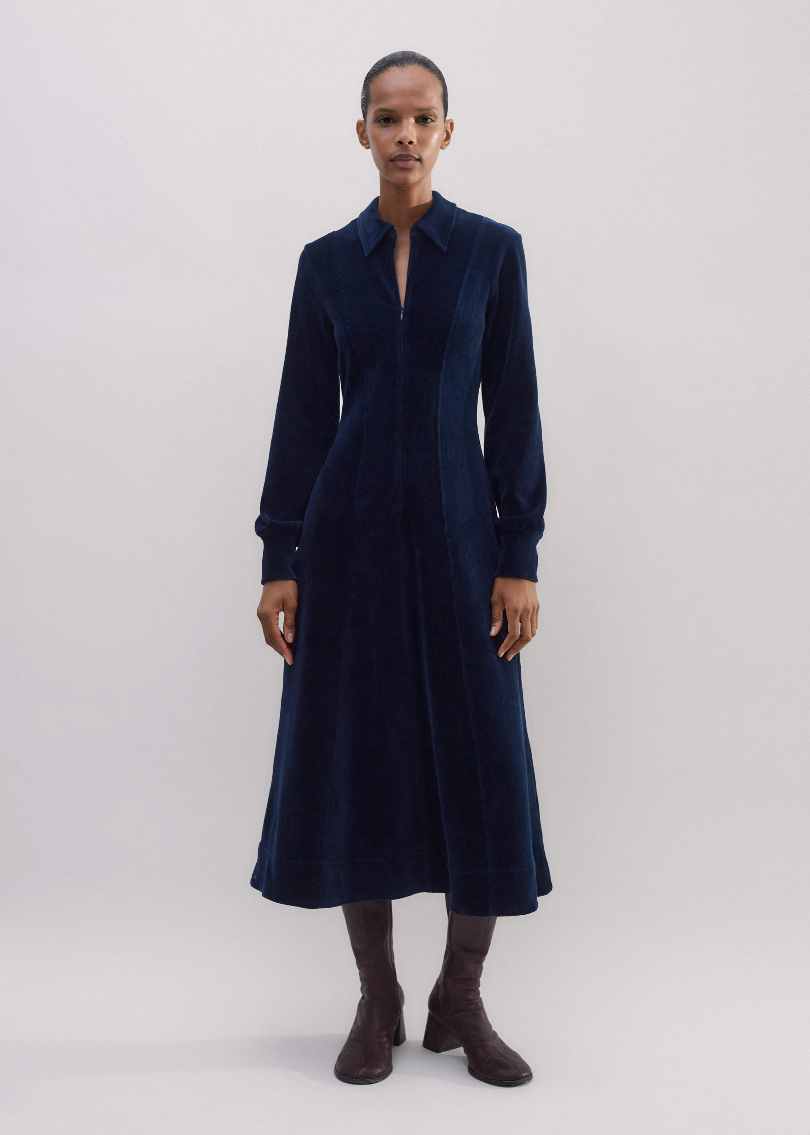 Women's Blue Cord Velour Fit And Flare Midi Dress | ME+EM Women's Blue Cord Velour Fit And Flare Midi Dress | ME+EM