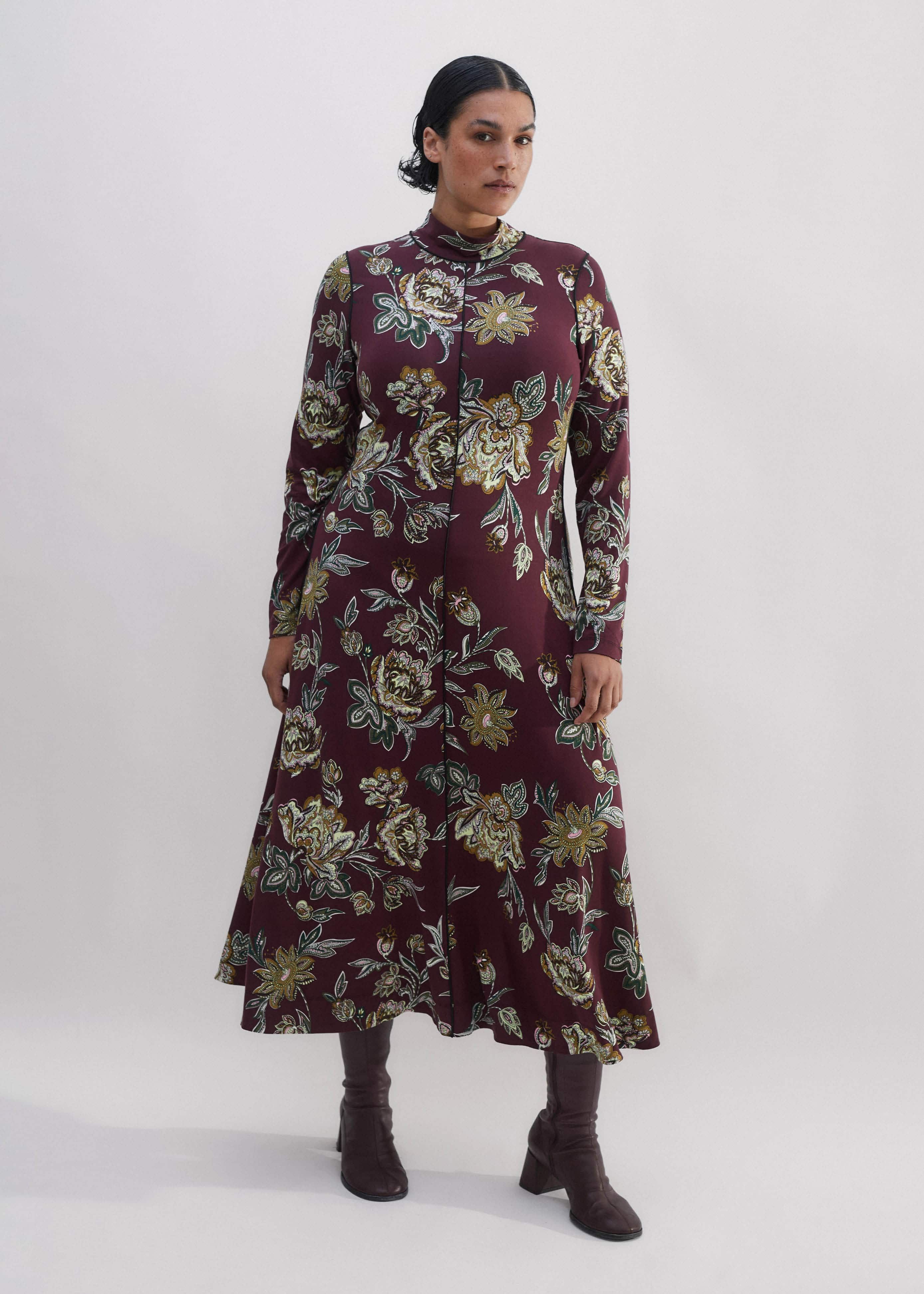Women's Burgandy Rich Autumn Floral Print Midi Dress | ME+EM