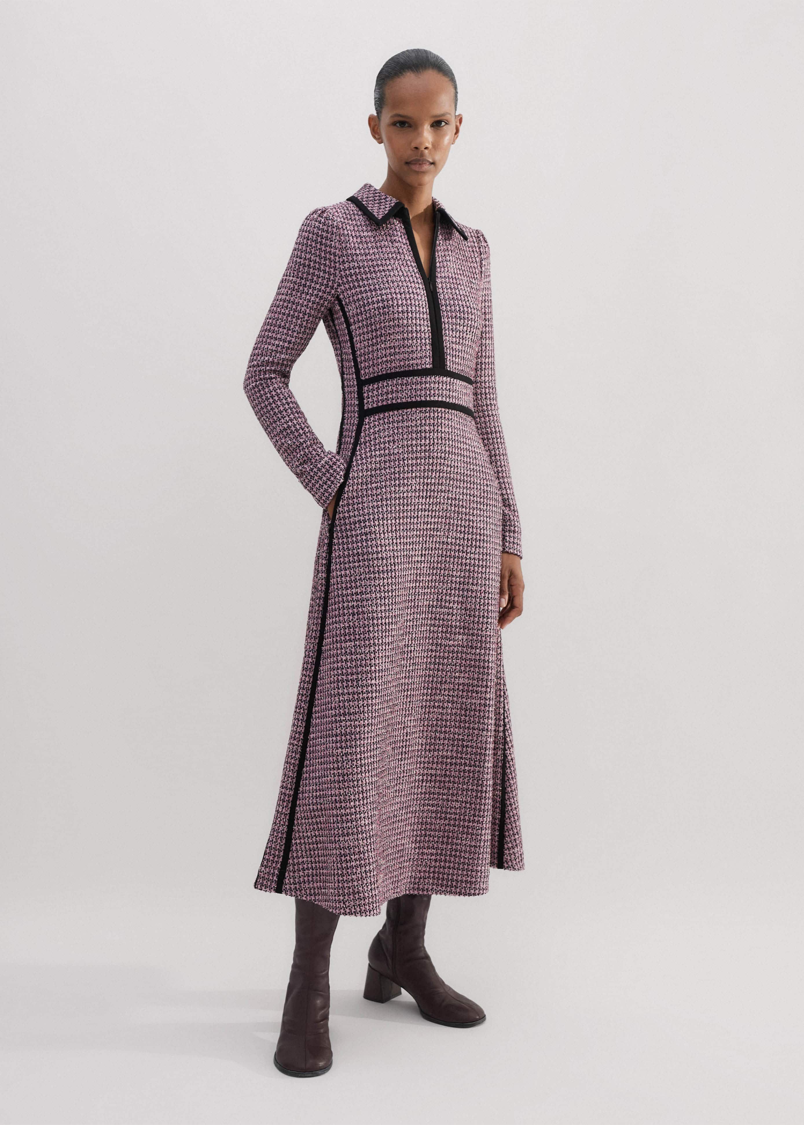 Women's Pink Houndstooth Tweed Fit And Flare Maxi Dress | ME+EM