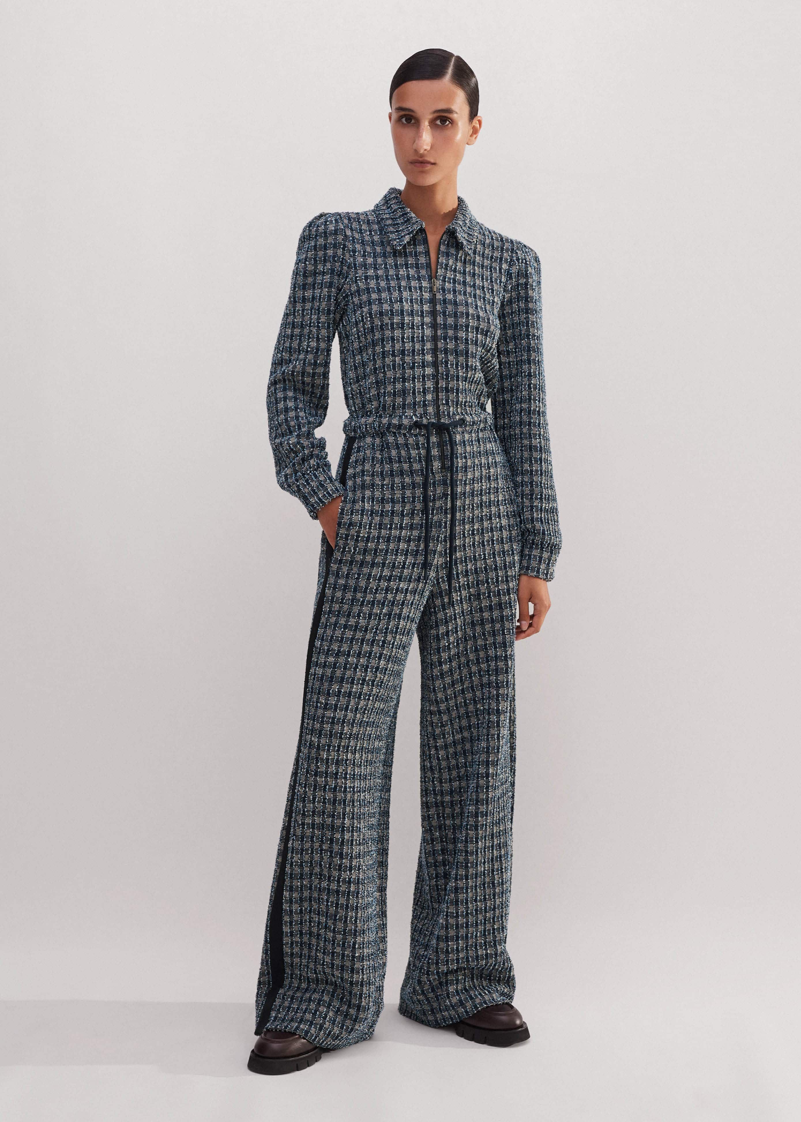 Women s navy tweed drawstring jumpsuit me em