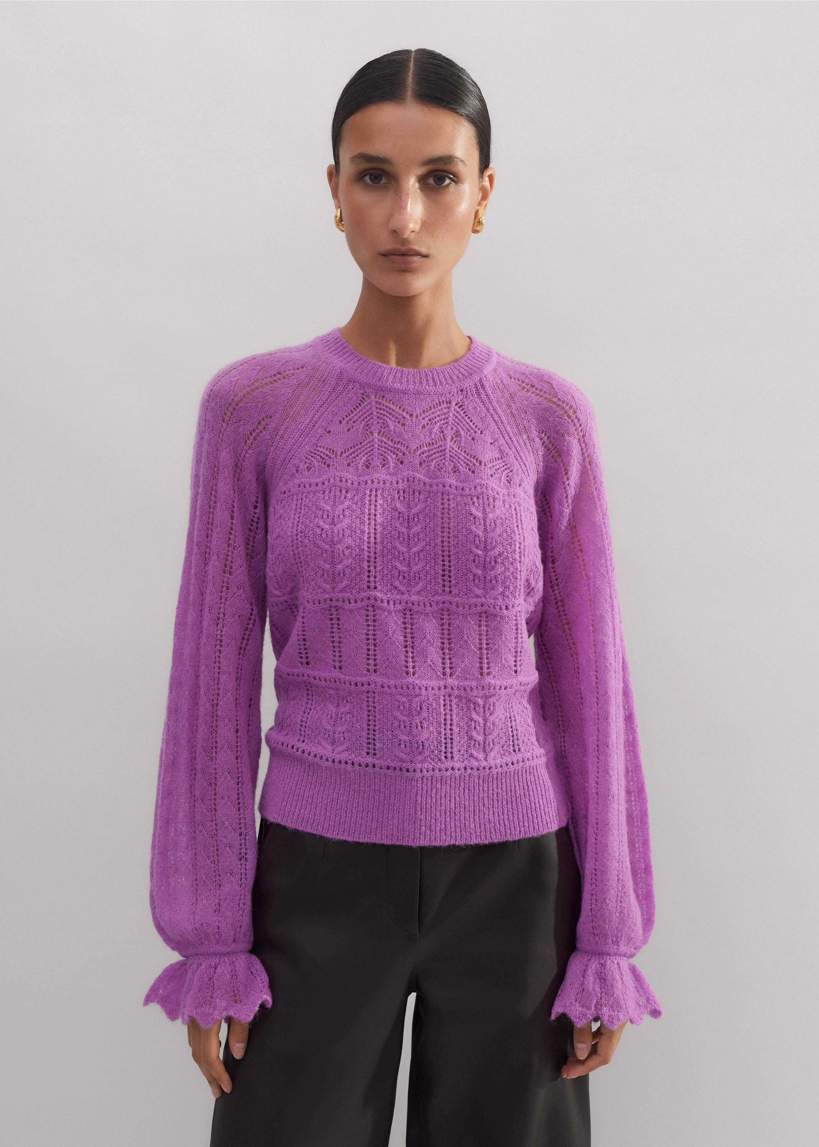 French Light Purple Lace Bow Lace Up Knit Top Spring main image 1