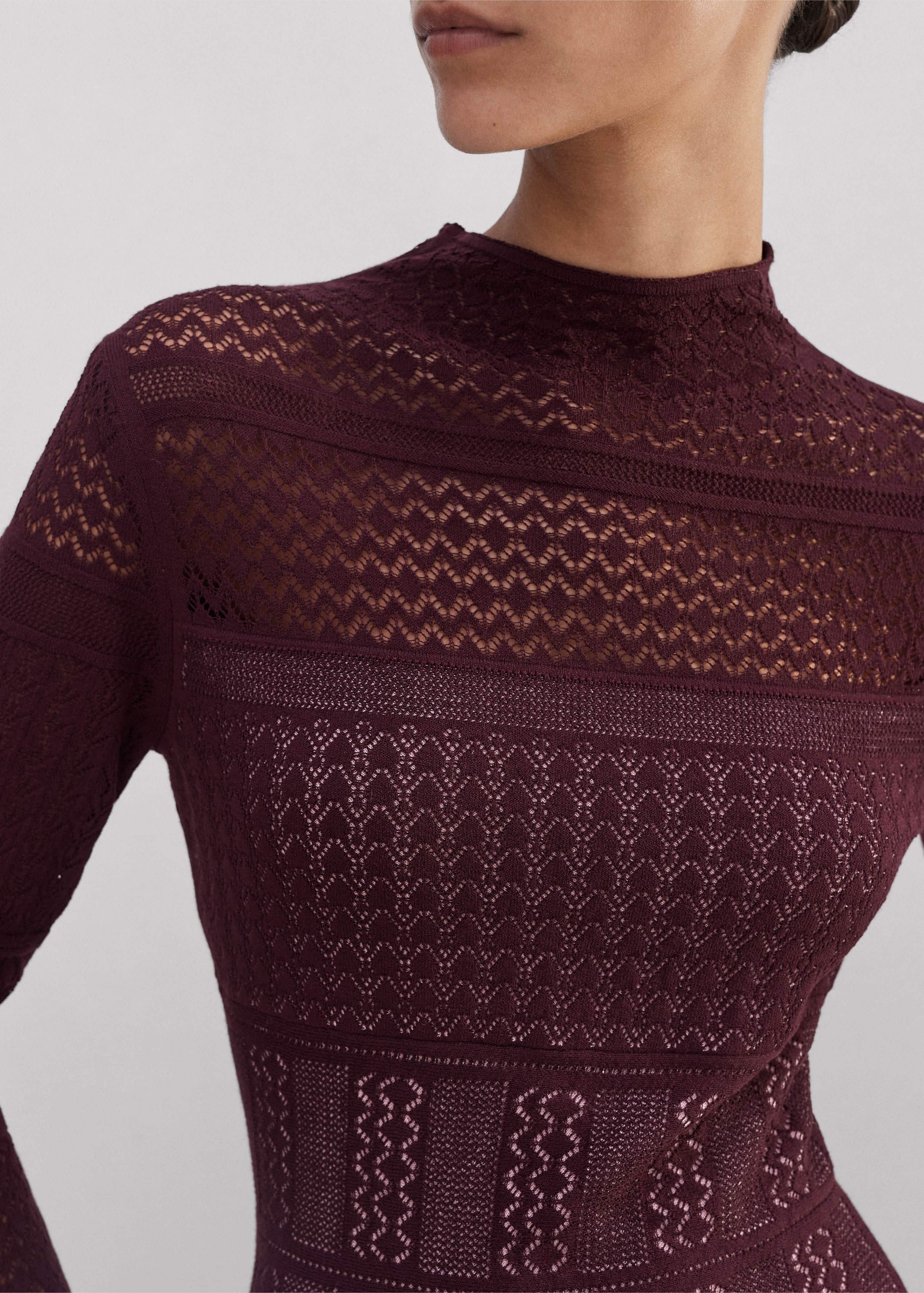 elevated pointelle knit midi dress Karen Millen Petite Pointelle Frill Sleeve Knit Midi Dress in Rust