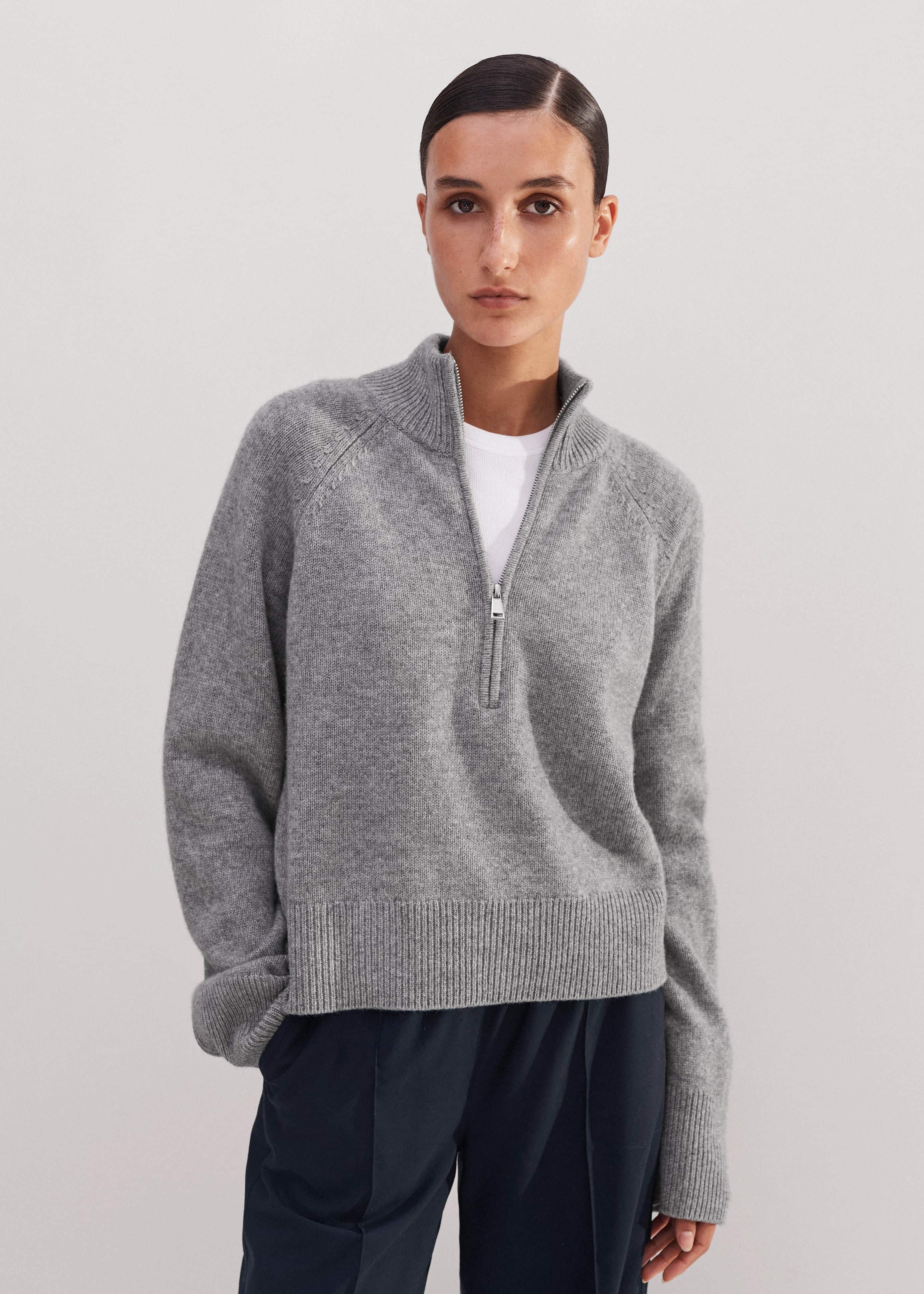 Women's Gray Merino Cashmere High Zip Neck Crop Sweater | ME+EM