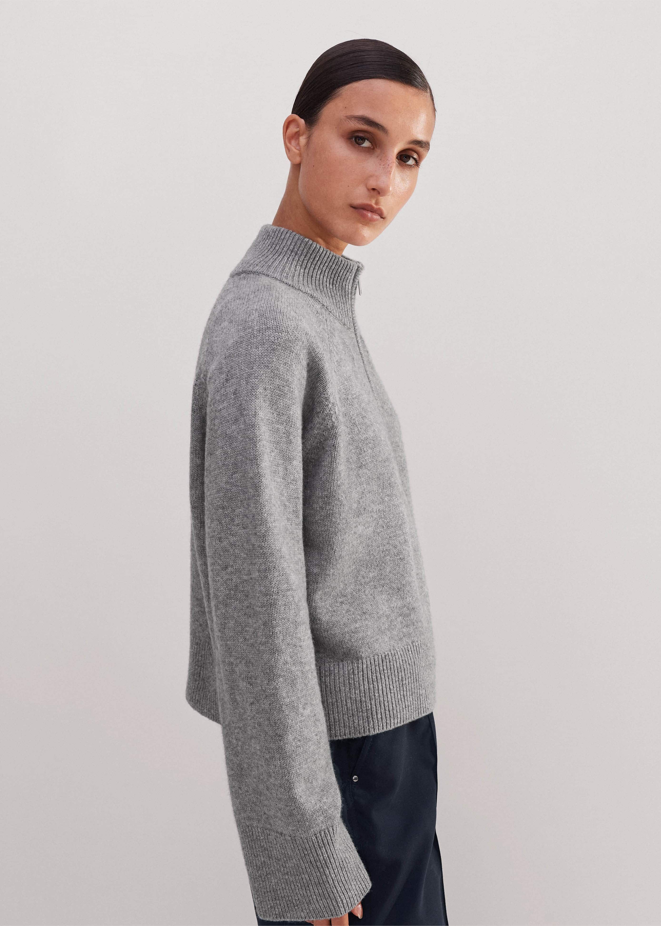 Women's Gray Merino Cashmere High Zip Neck Crop Sweater | ME+EM