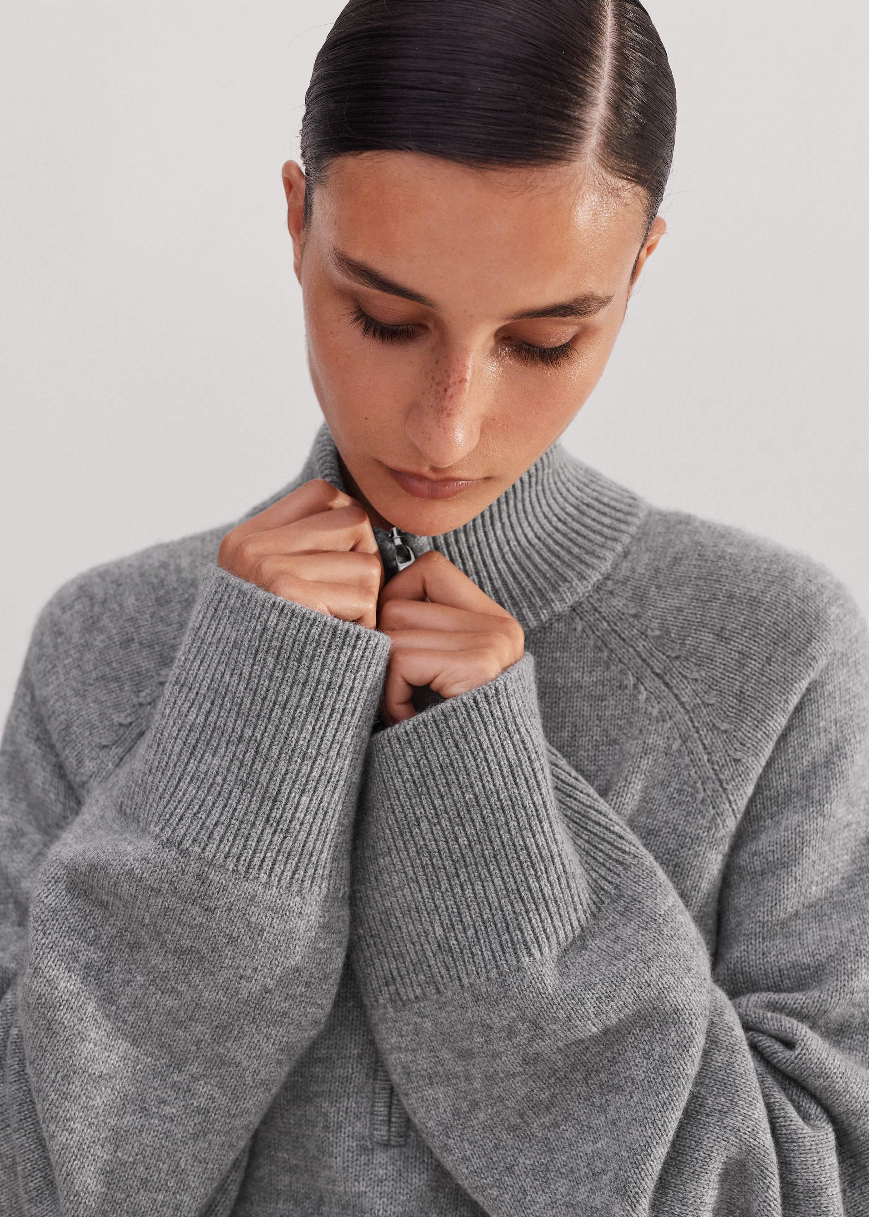 Women's Gray Merino Cashmere High Zip Neck Crop Sweater | ME+EM