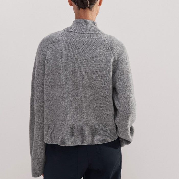 Women's Gray Merino Cashmere High Zip Neck Crop Sweater | ME+EM