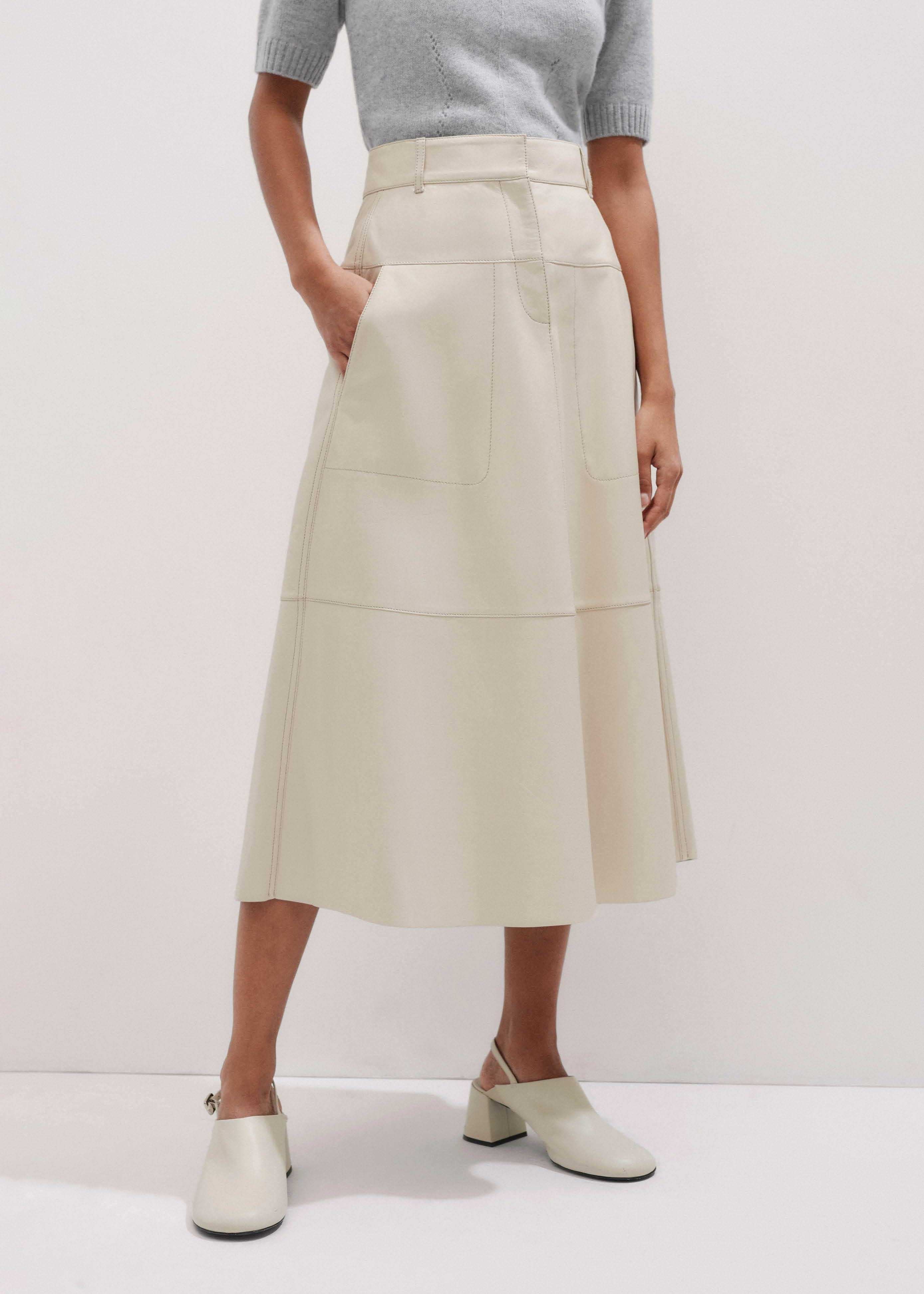 Panelled Leather A-Line Midi Skirt