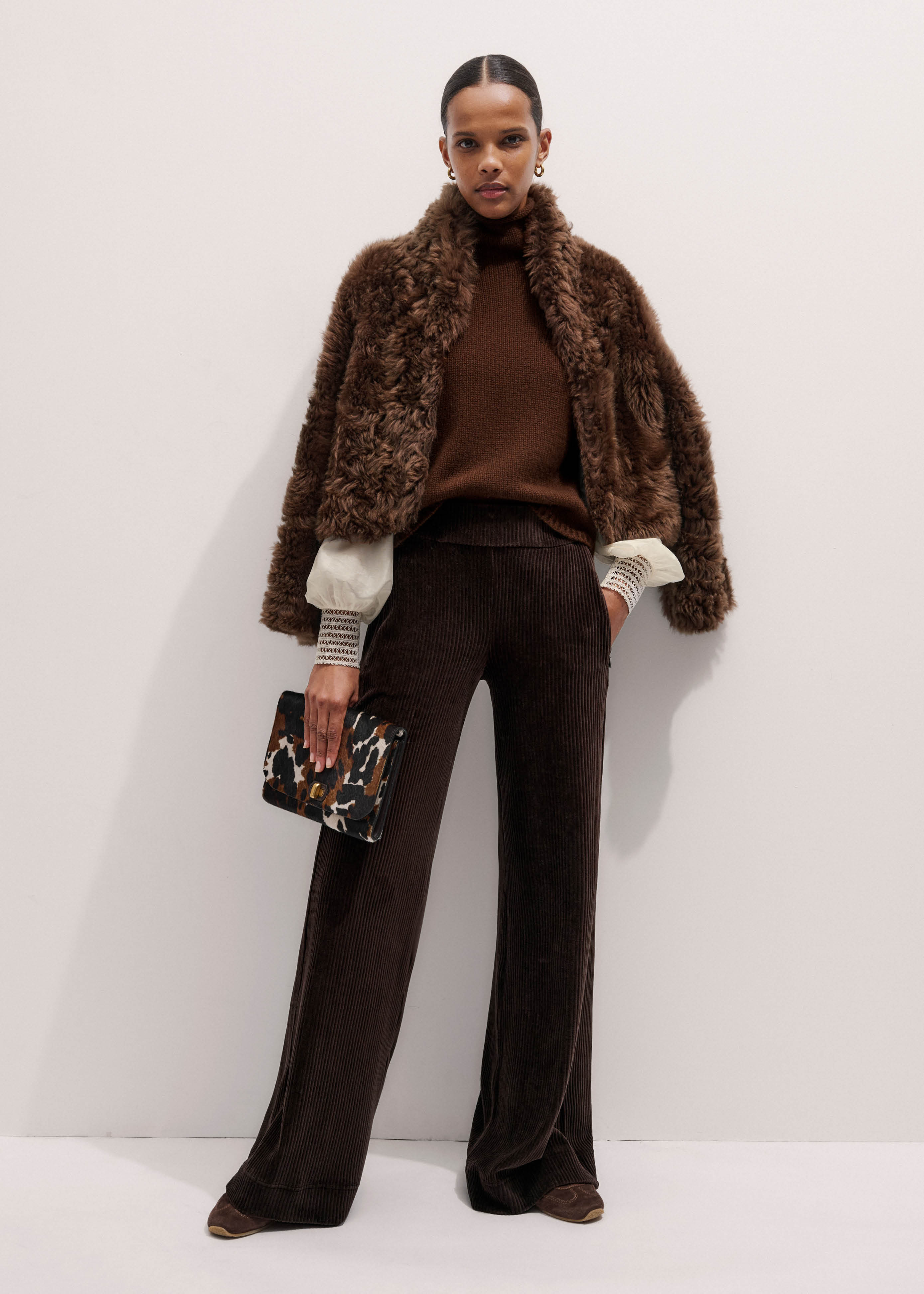 Women's Brown Fluid Cord Velour AM-PM Palazzo Pant | ME+EM