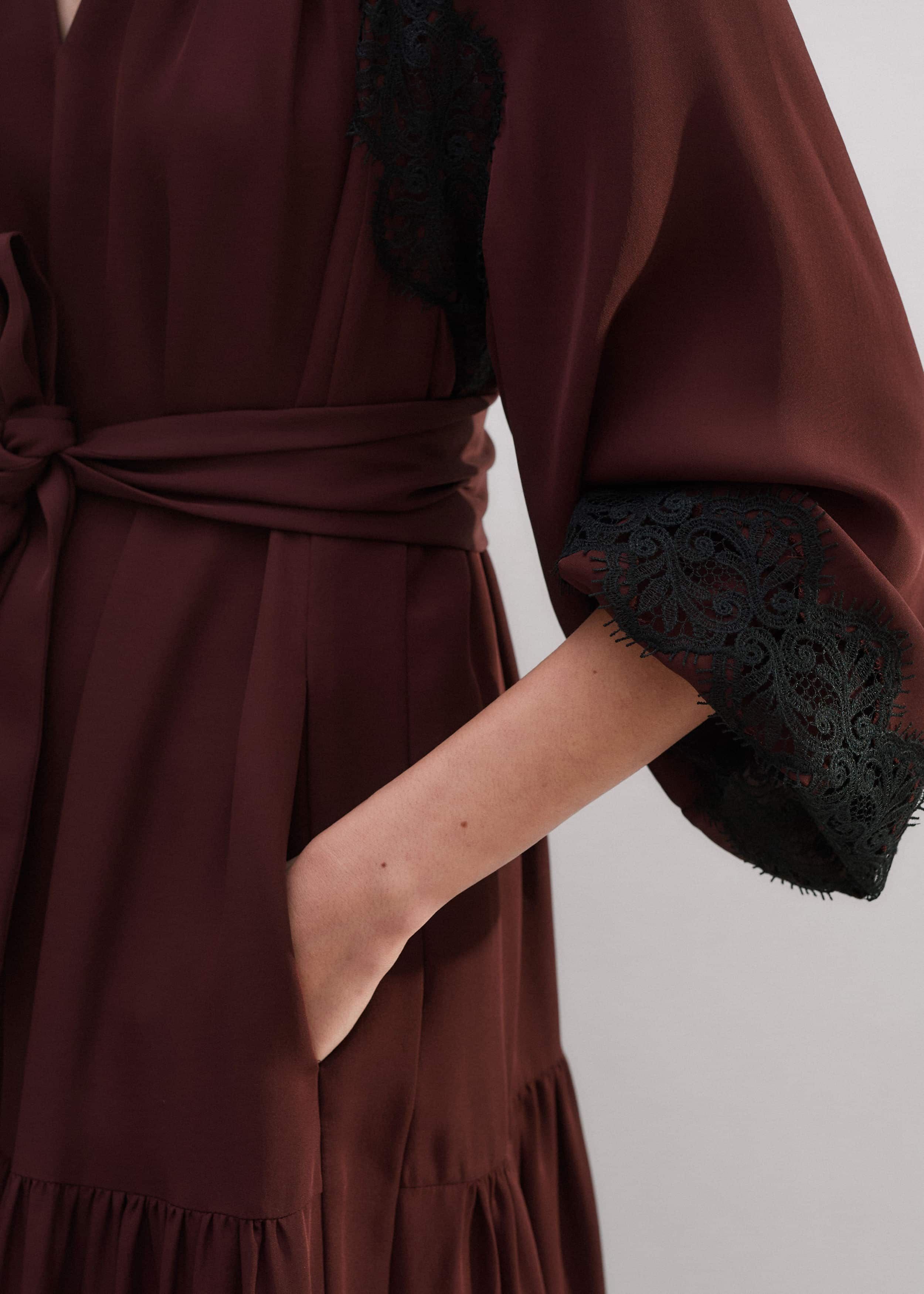 Women's Red Silk Lace Midi Dress + Belt | ME+EM Women's Red Silk Lace Midi Dress + Belt | ME+EM
