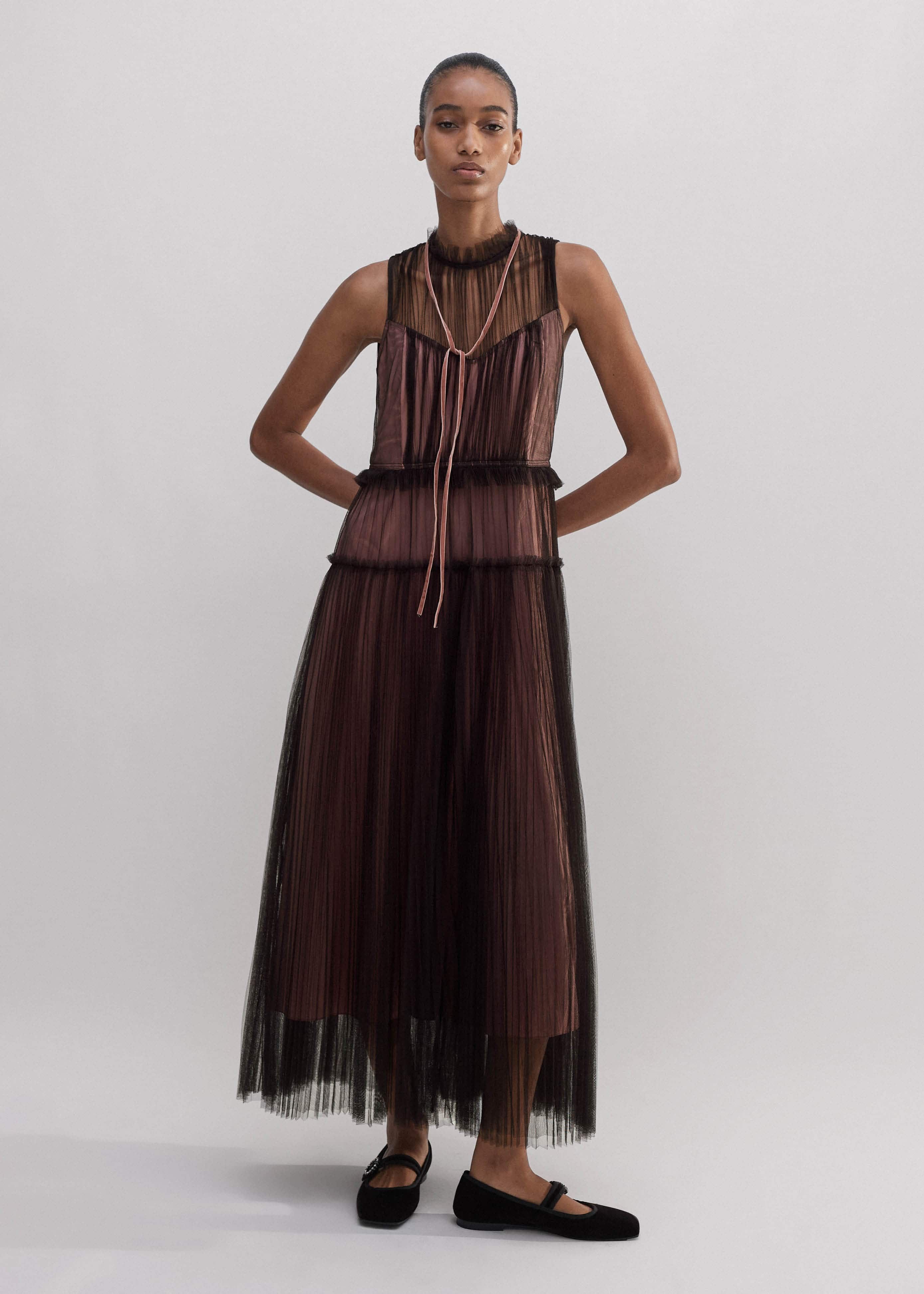 Women's Brown Tulle Maxi Dress + Tie | ME+EM
