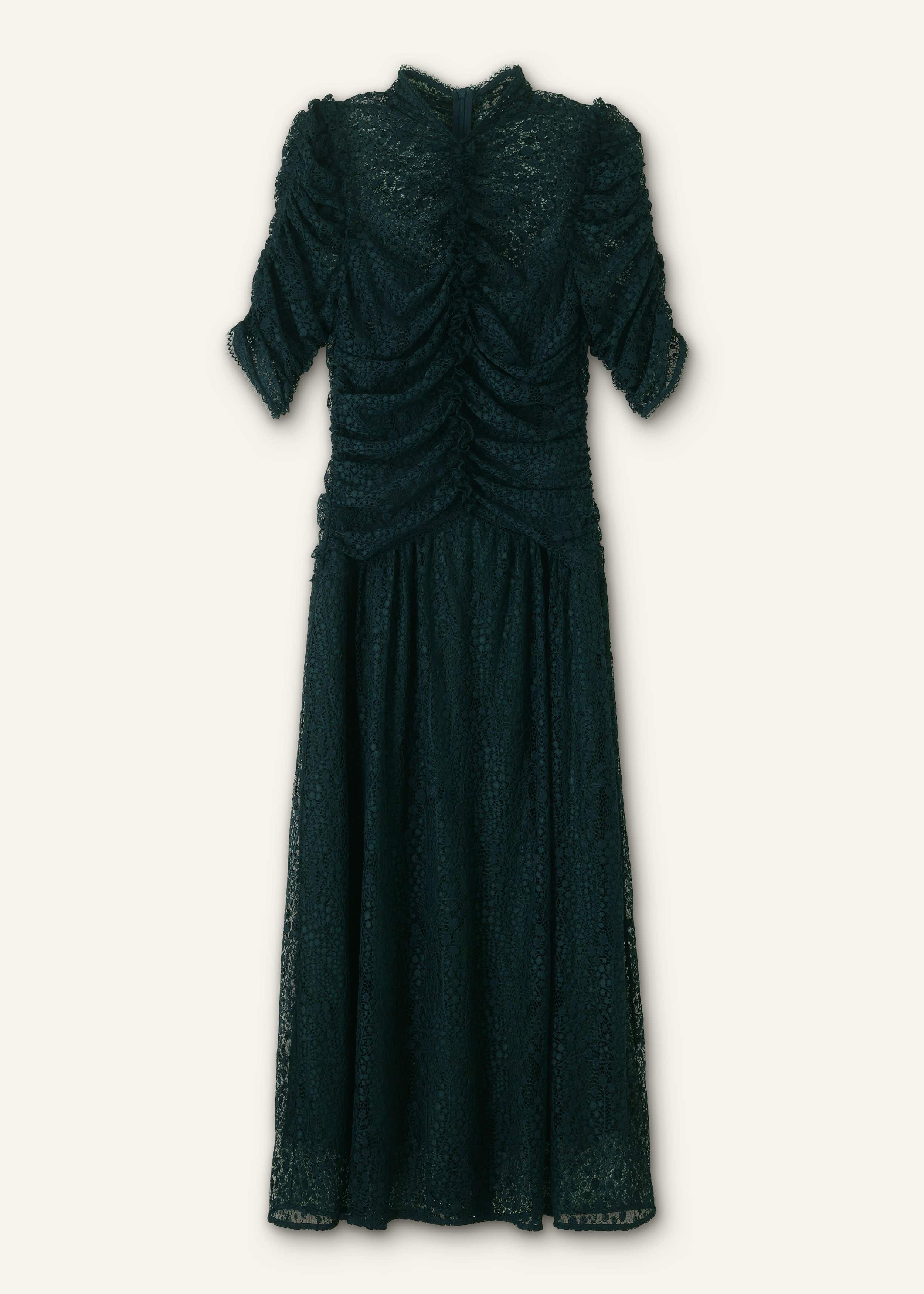 Women's Green Botanical Lace Ruched Maxi Dress | ME+EM