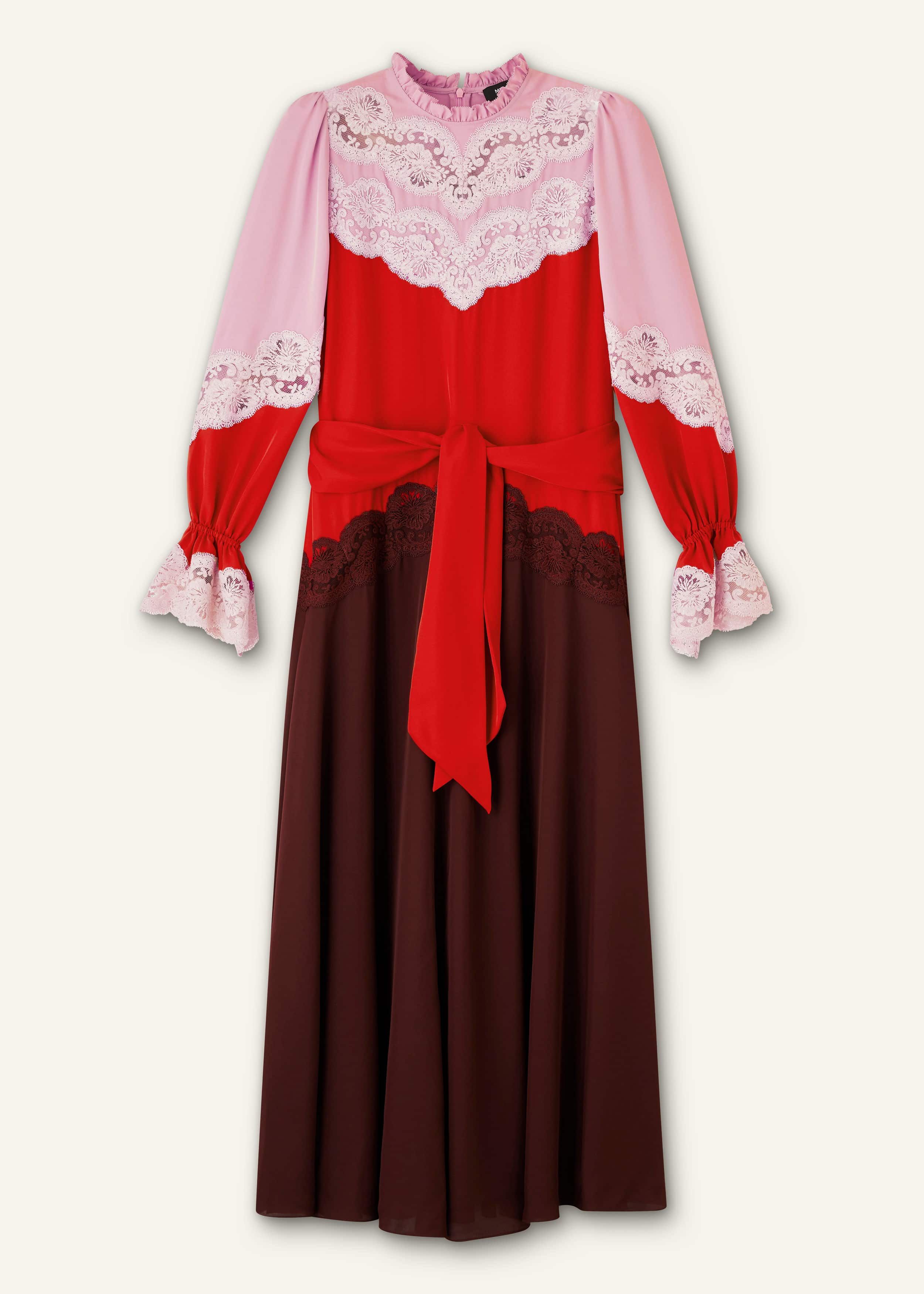 Women's Pink Silk Colour Block Lace Maxi Dress + Belt | ME+EM
