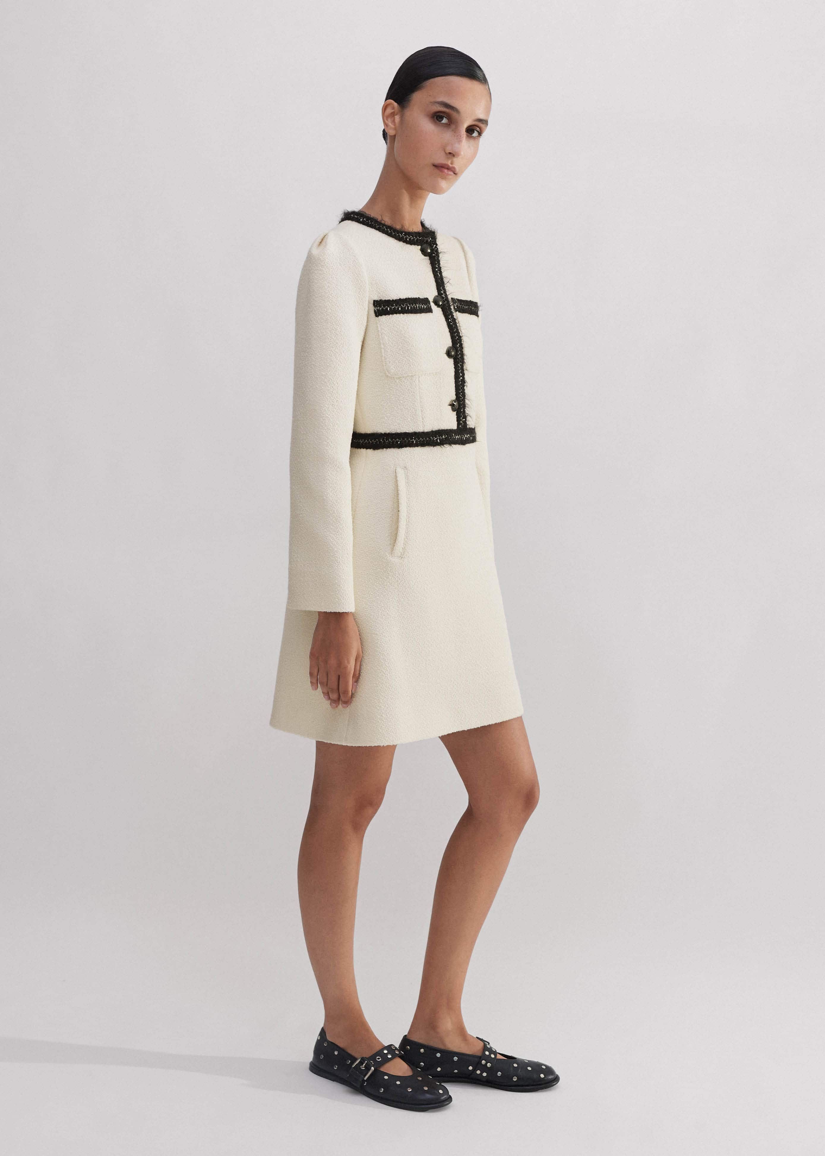 【I AM MARI】Fine Tweed Flare Mini One Piece Women's Ivory Fringe Tweed Fit And Flare Mini Dress | ME+EM