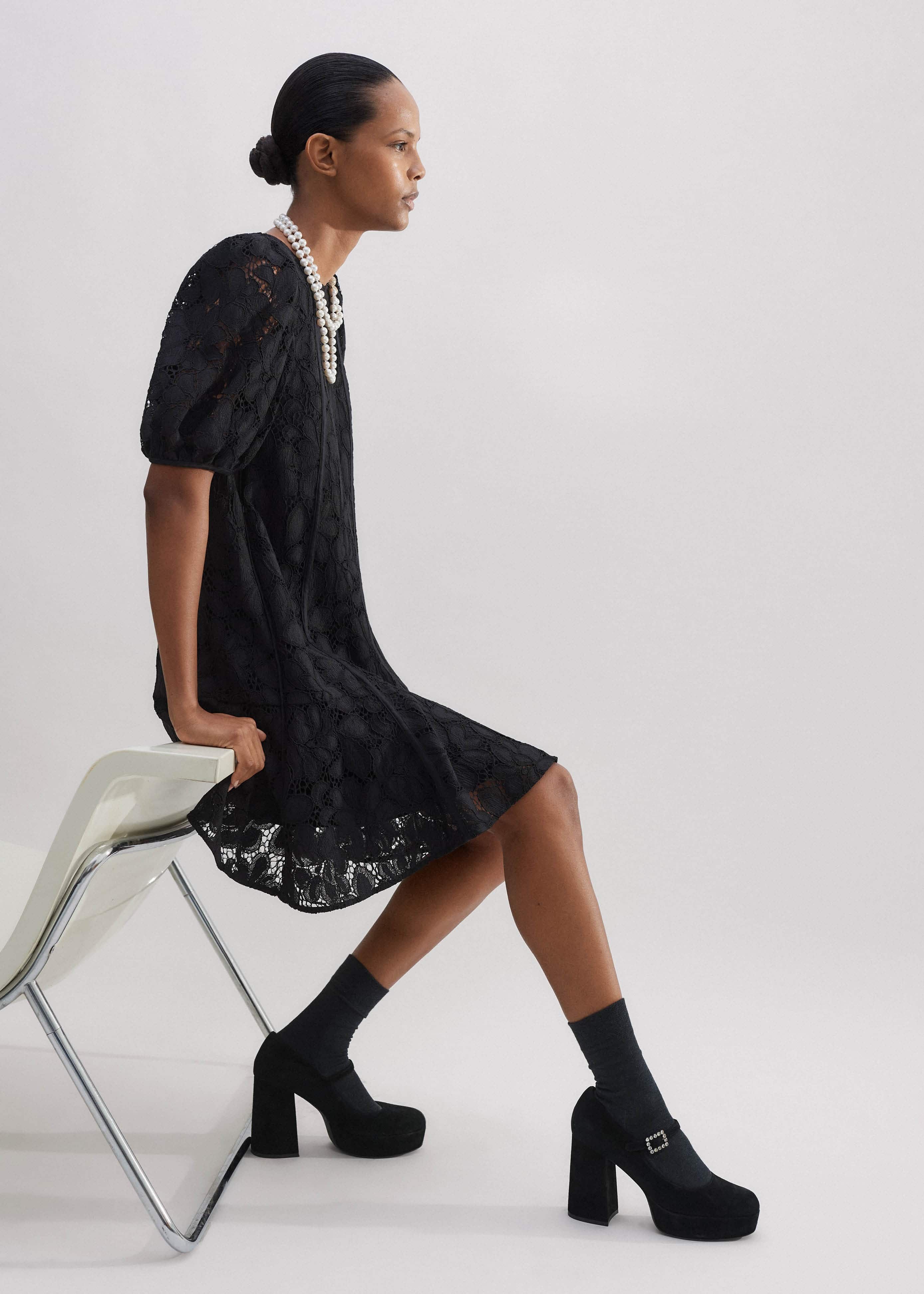 Women's Black Lined Lace Mini Dress | ME+EM
