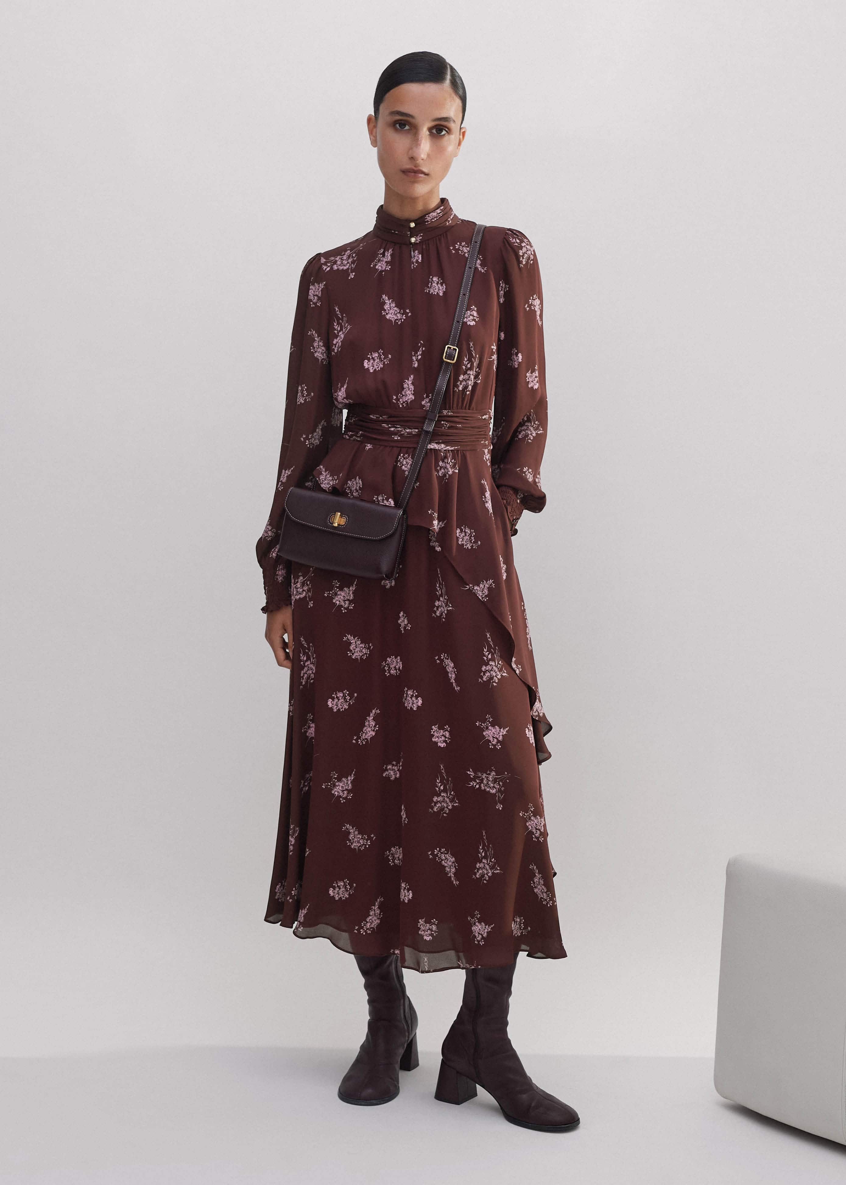 Silk Scattered Floral Print Midi Dress