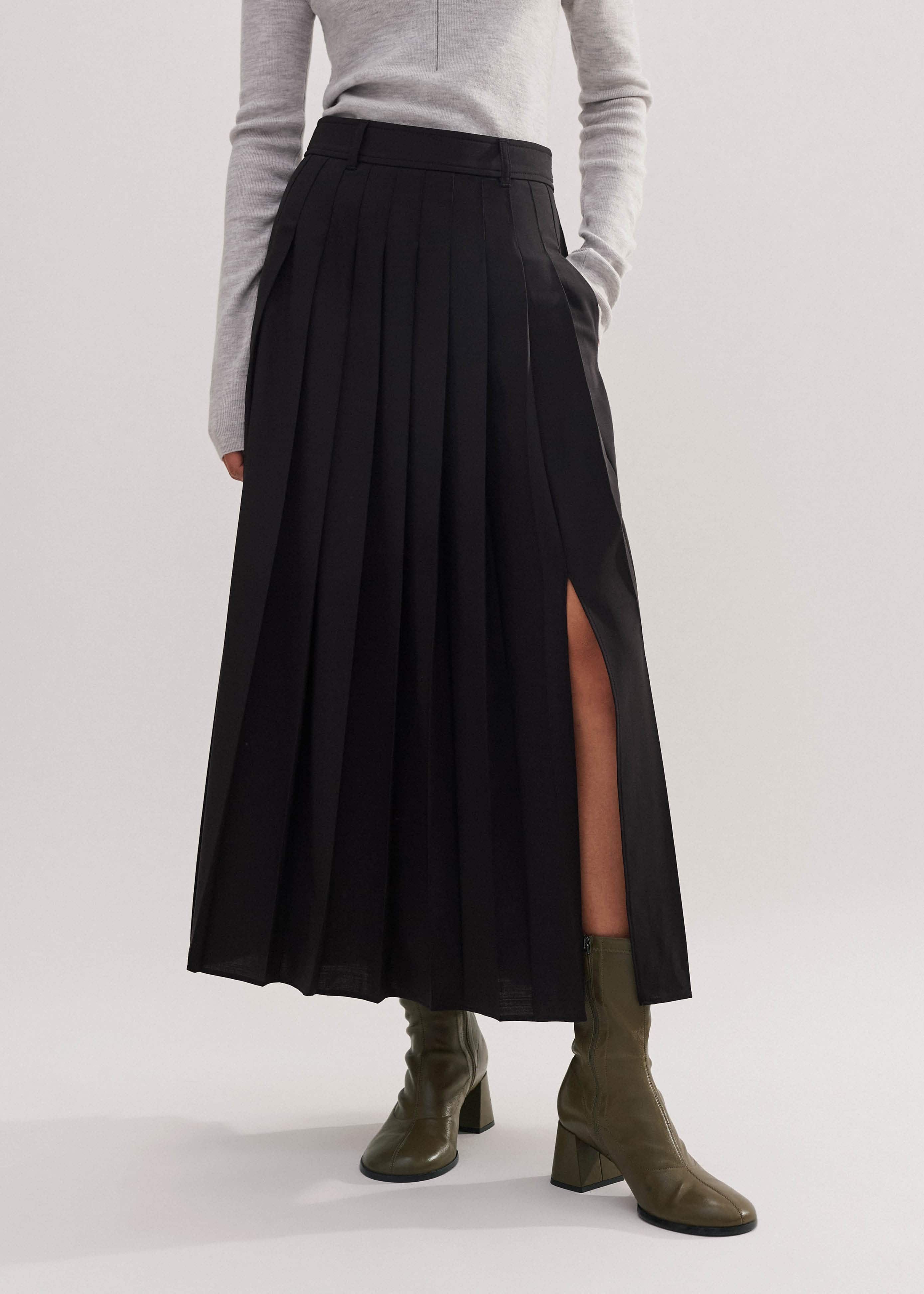 Women's Black Wool-Blend Pleated Skirt | ME+EM