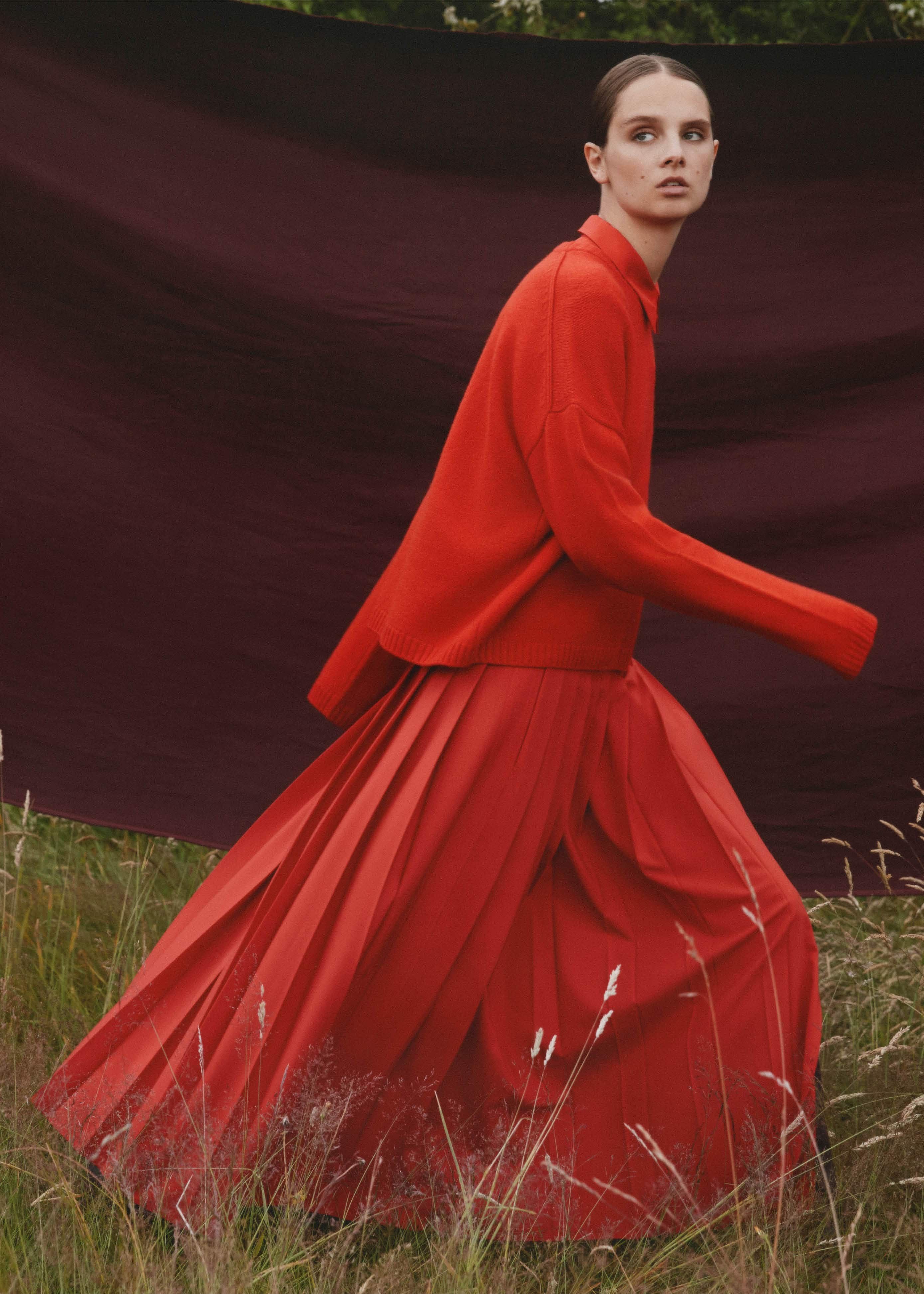 Women's Orange Wool-Blend Pleated Skirt | ME+EM