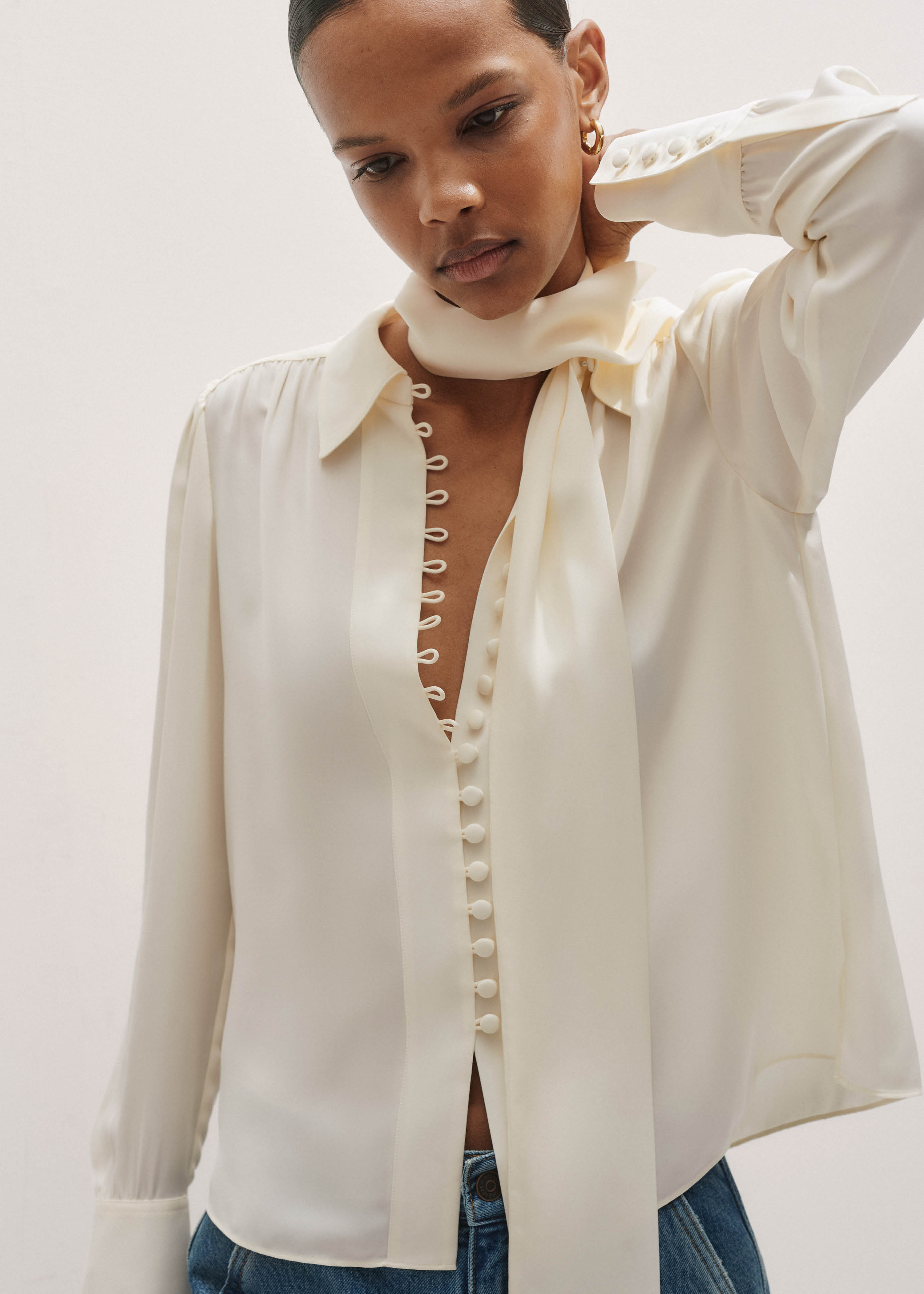 Women's Black Satin Lace Layering Blouse | ME+EM