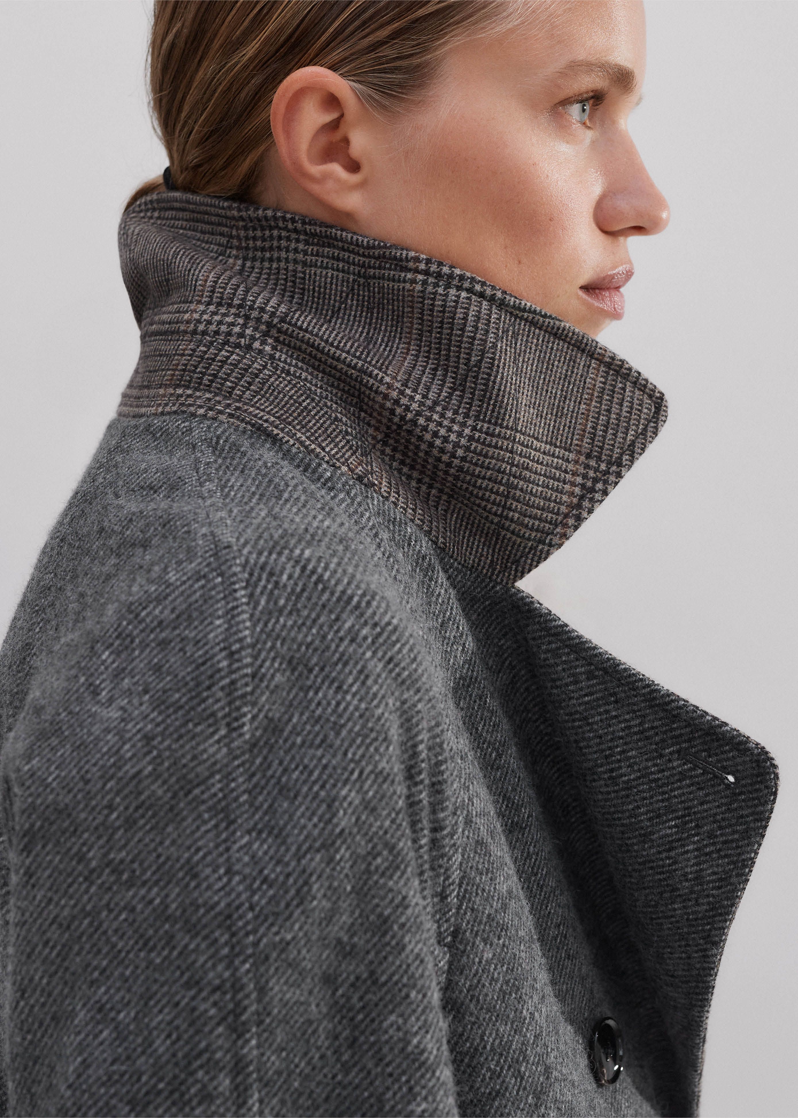 ジャケット・アウター WOOL CHECK TRENCH COAT Women's Gray Check Wool Trench Coat | ME+EM