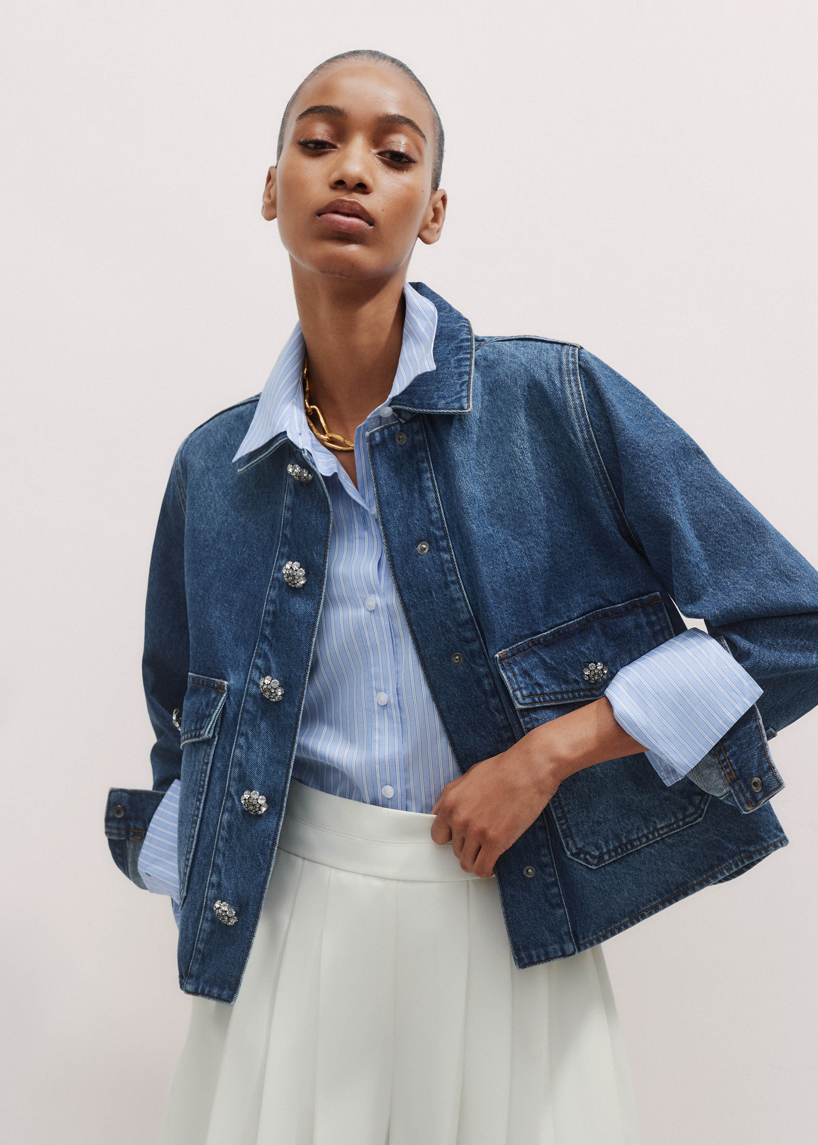 Women's Blue Denim Crystal Button Jacket | ME+EM Women's Blue Denim Crystal Button Jacket | ME+EM