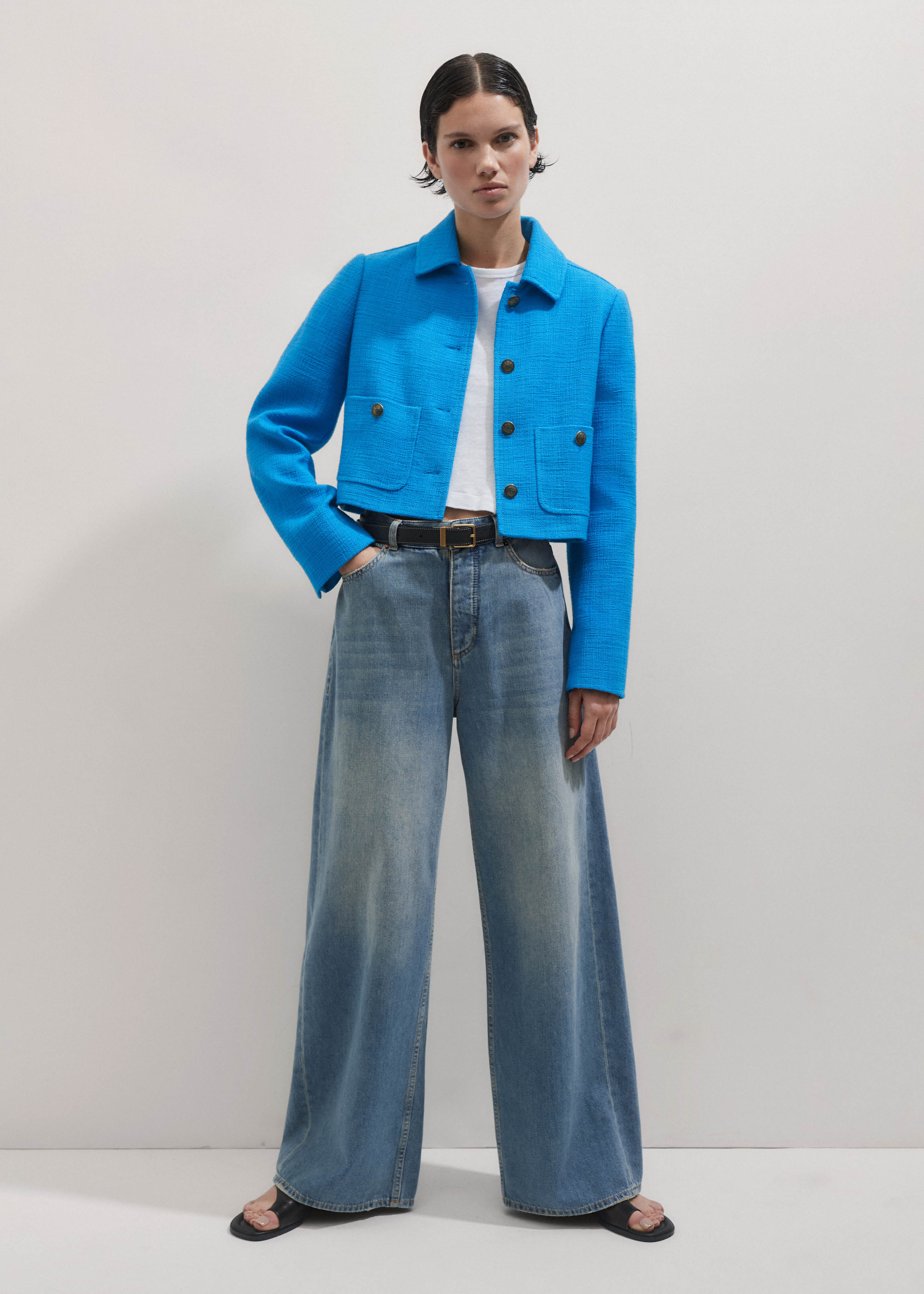 Women's Blue Textured Crop Jacket | ME+EM