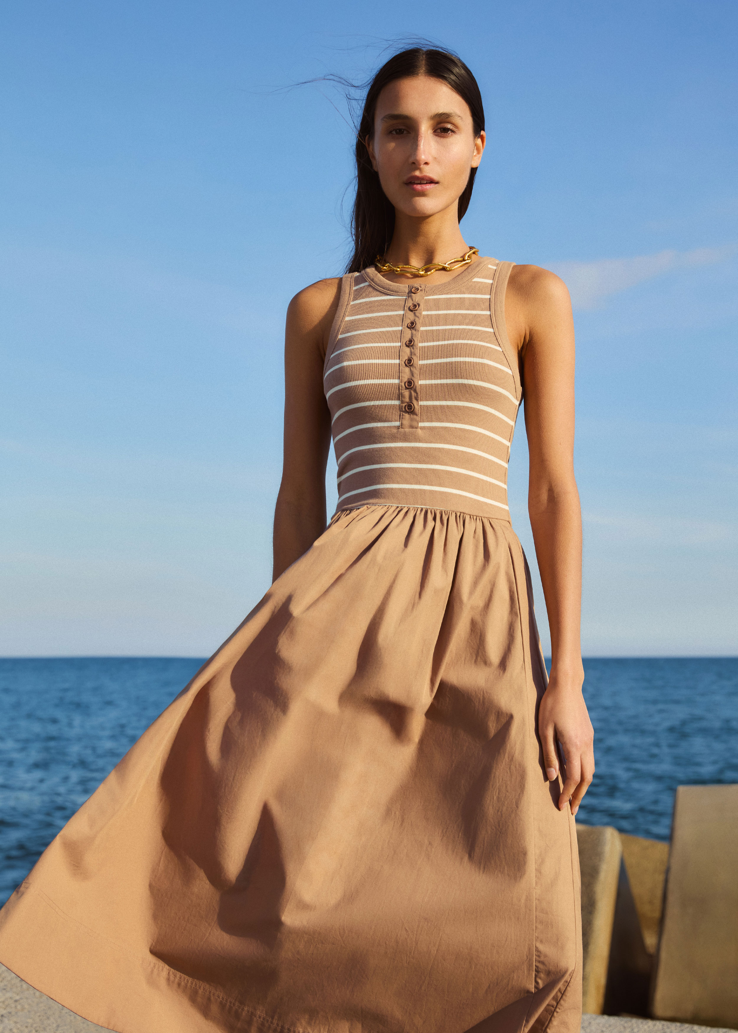 Women's Brown Button-Front Mixed Media Maxi Dress | ME+EM