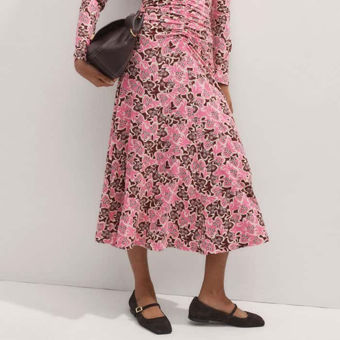 Women's Pink Graphic Ribbon Floral Print Midi Dress | ME+EM Women's Pink Graphic Ribbon Floral Print Midi Dress | ME+EM