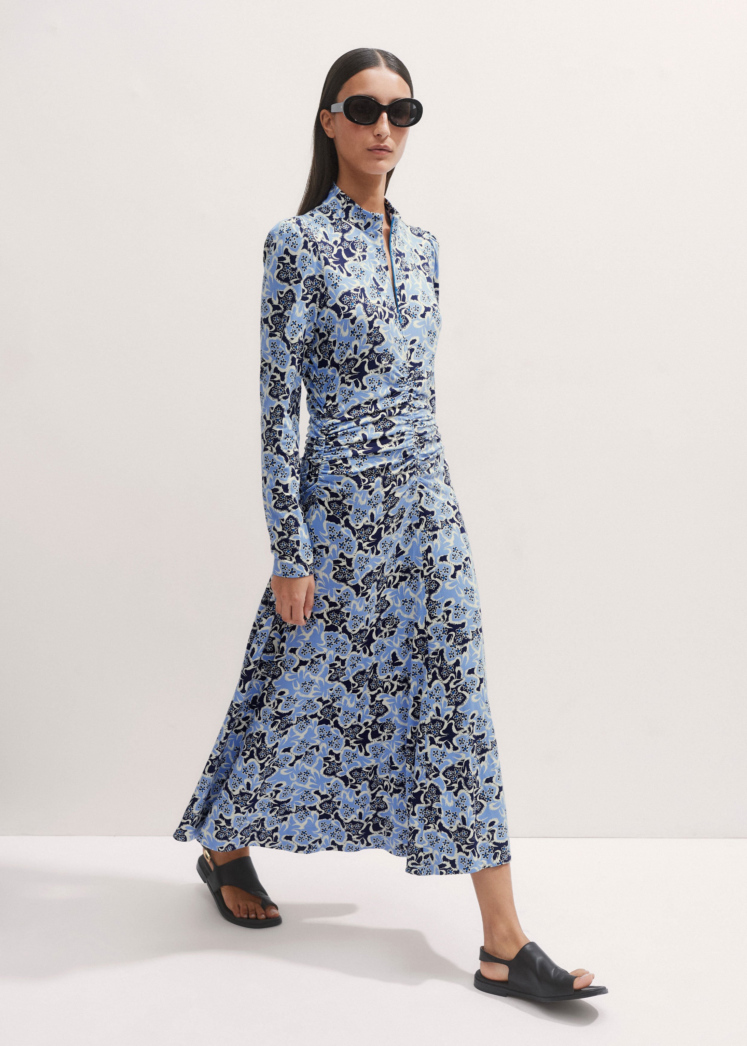 Women's Blue Graphic Ribbon Floral Print Midi Dress | ME+EM