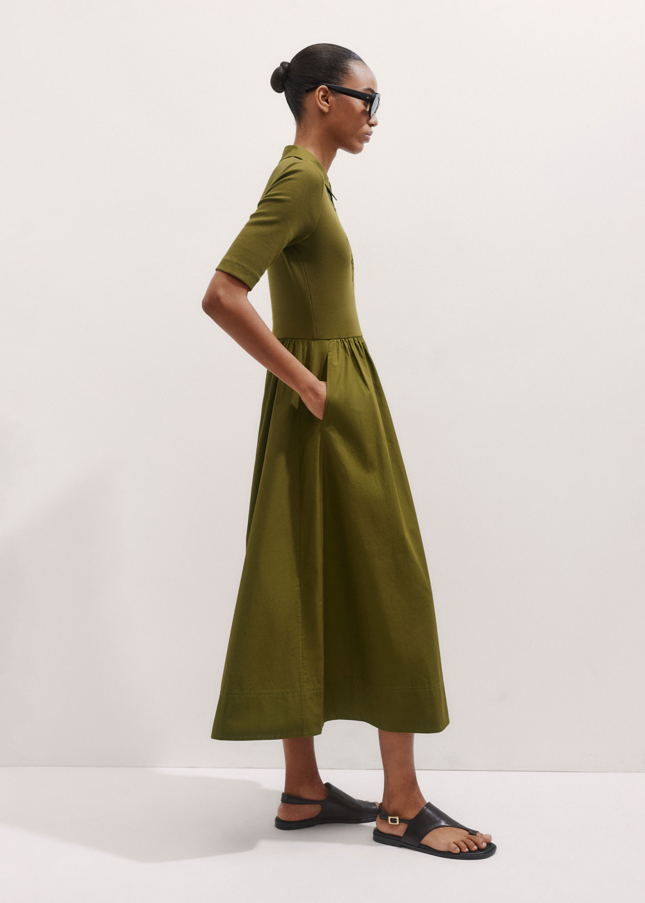 Women's Green Mixed Media Shirt Collar Maxi Dress | ME+EM Women's Green Mixed Media Shirt Collar Maxi Dress | ME+EM